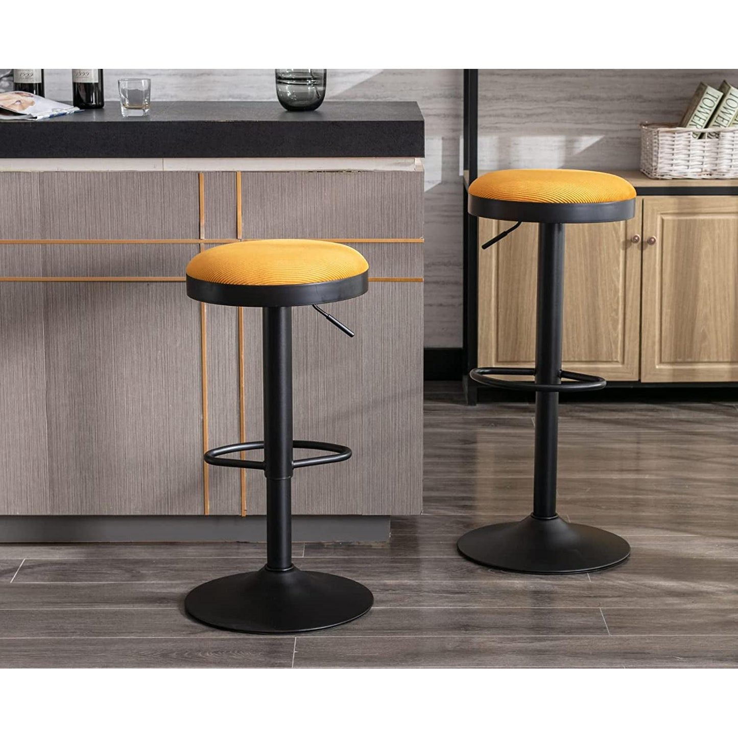 Yellow Fabric Swivel Bar Stool Set Of 2 Height Adjustable in modern kitchen setting.