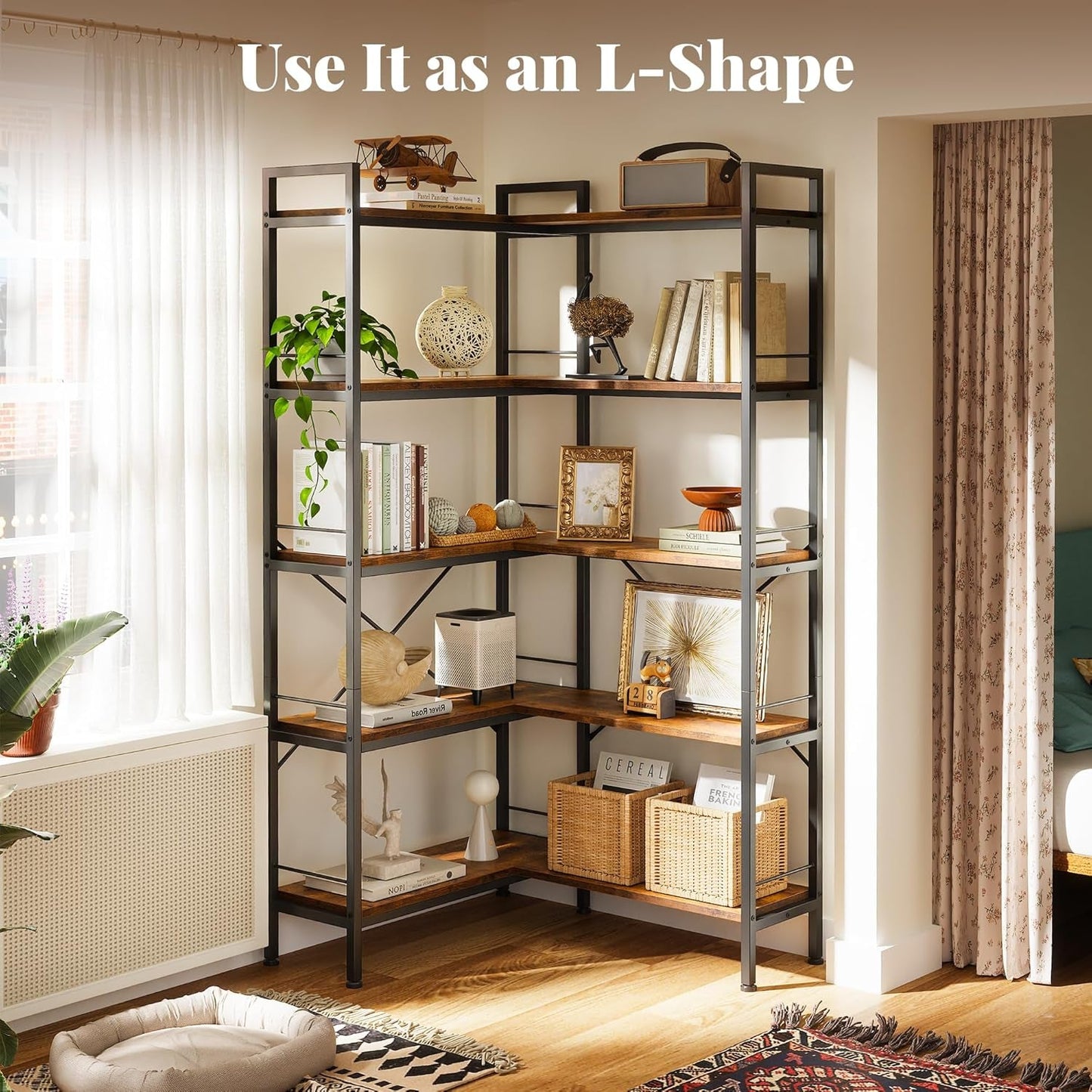 L Shaped Corner Bookshelf 49 Inch Rustic Brown Wood Metal Frame
