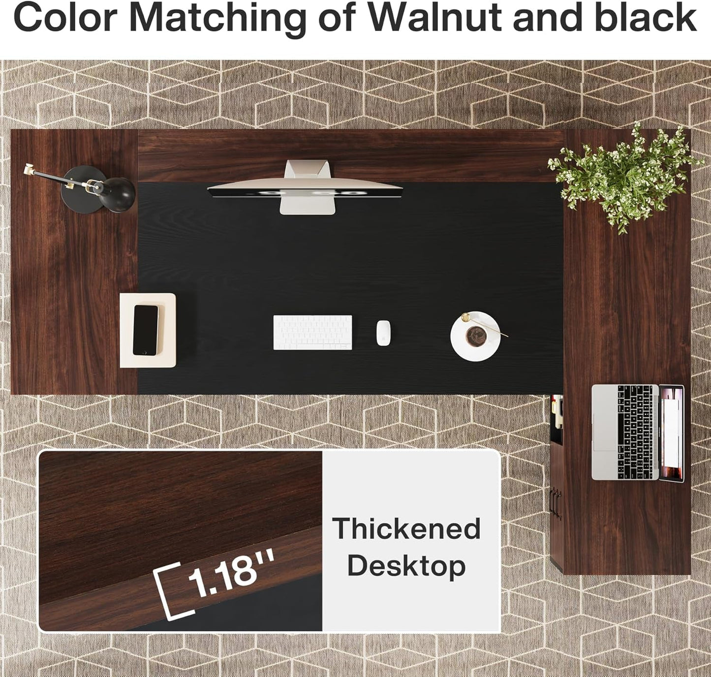 78 Inch L Shaped Executive Desk Walnut Black For Home Office