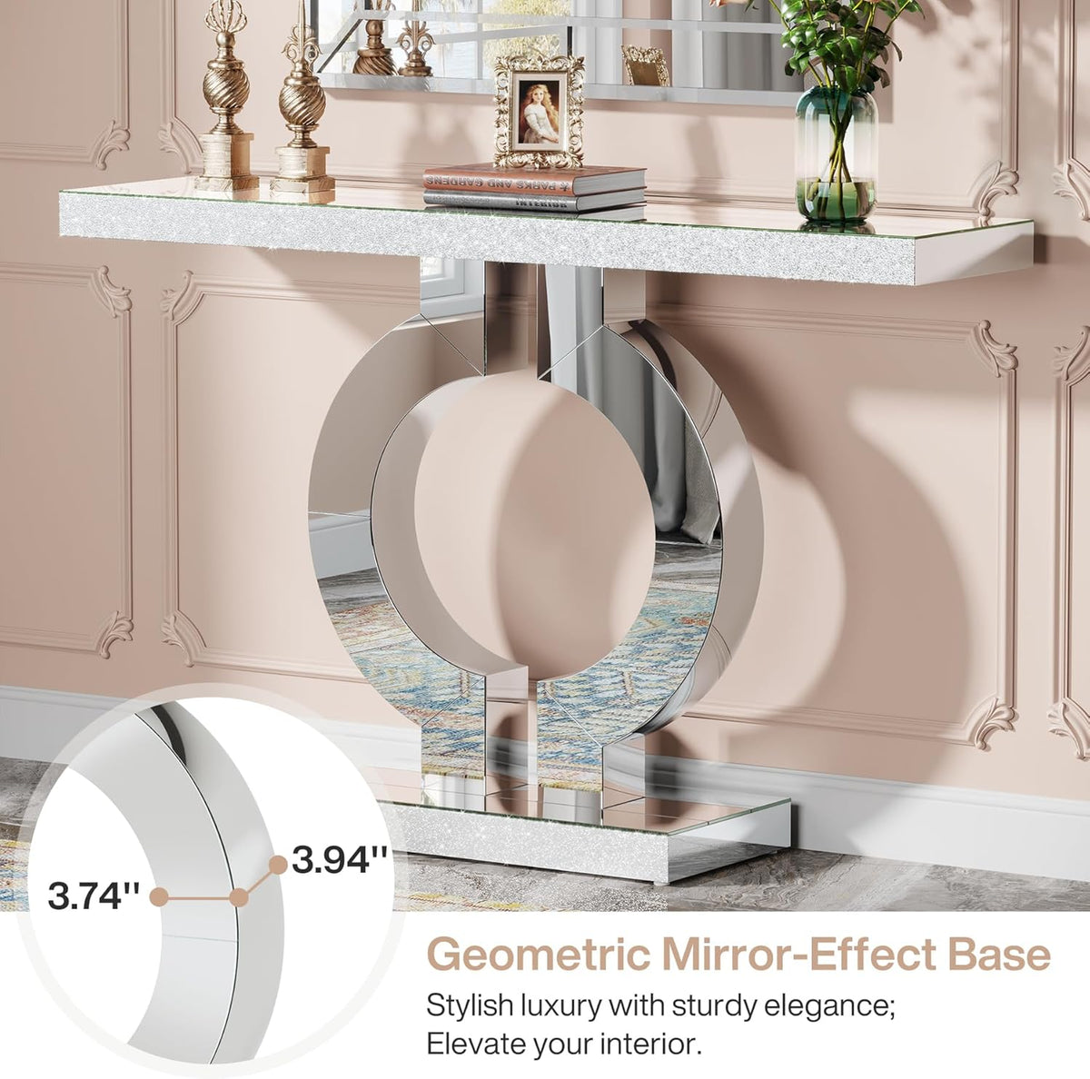 43" Modern Mirrored Console Table with O-Shaped Base