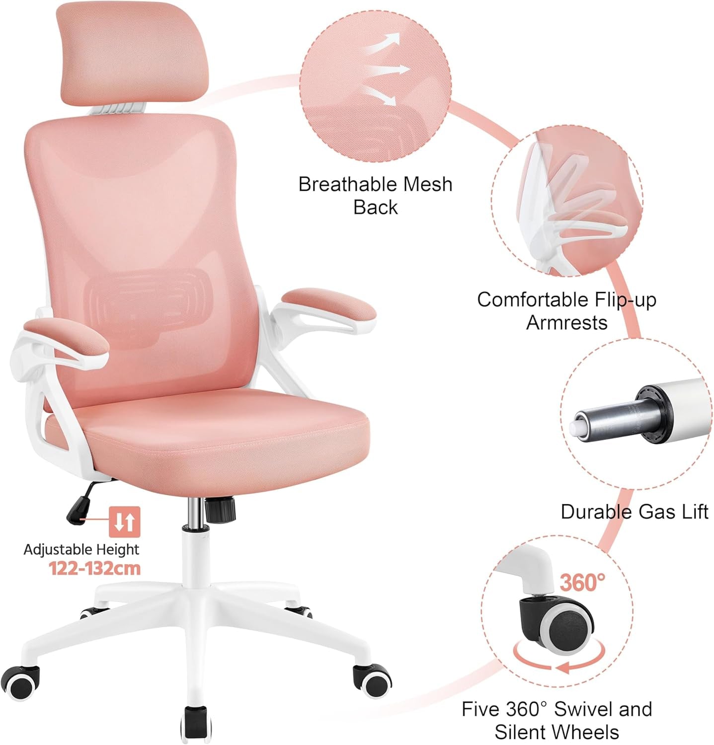 Ergonomic Office Chair High Back Mesh White Pink Lumbar