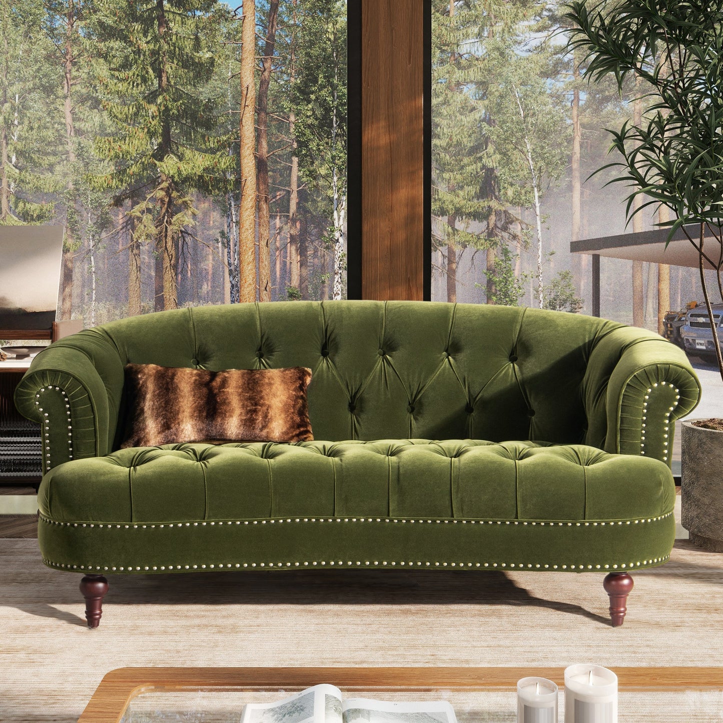 La Rosa Victorian Chesterfield Loveseat, Olive Green Performance Velvet