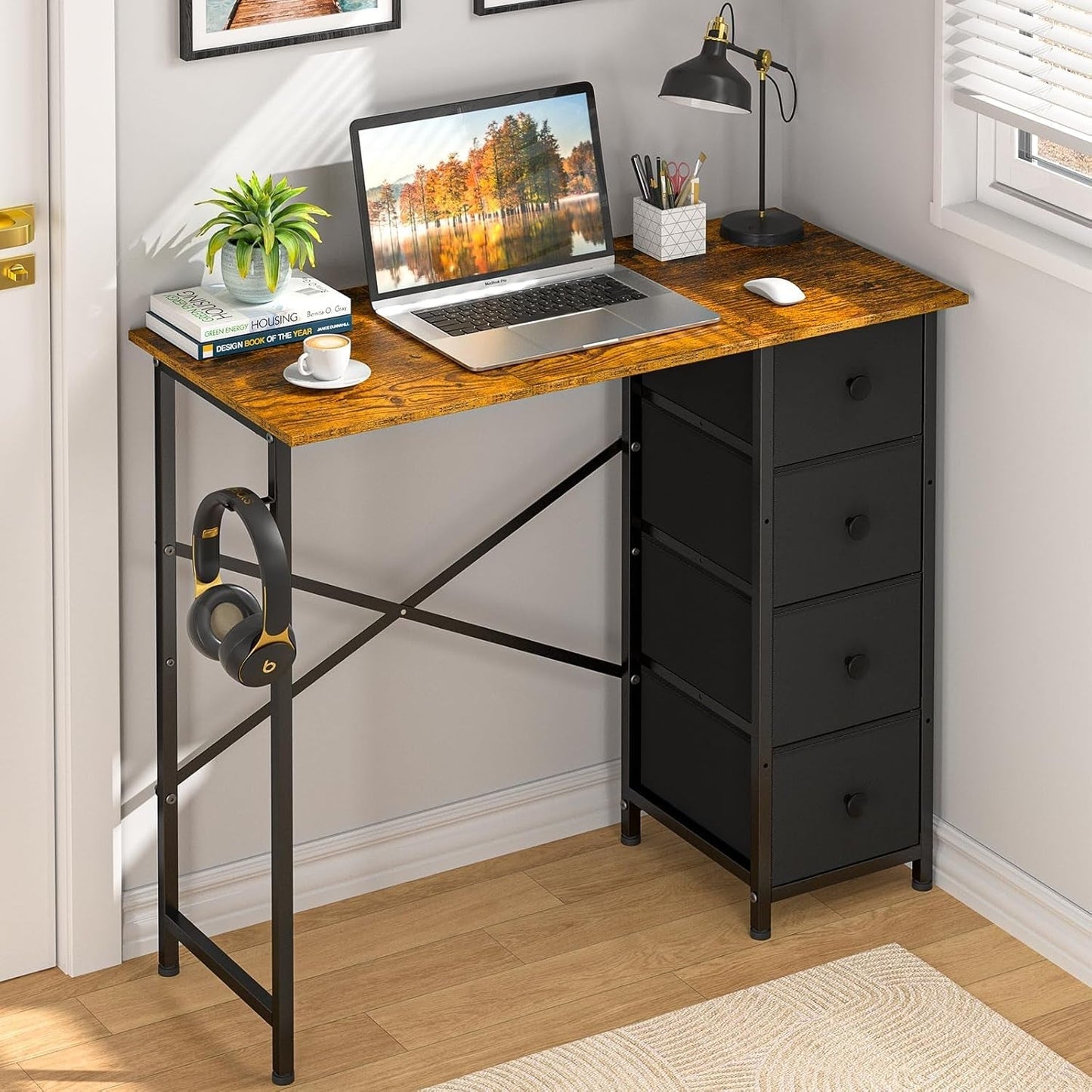 Rustic Brown Home Office Computer Desk With Fabric Drawers