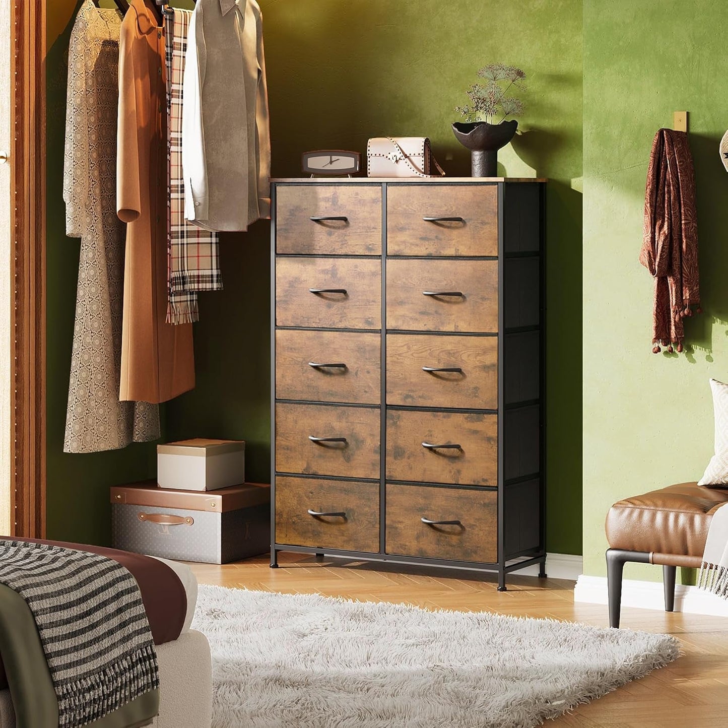 Tall Dresser With 10 Fabric Drawers Brown Woodgrain
