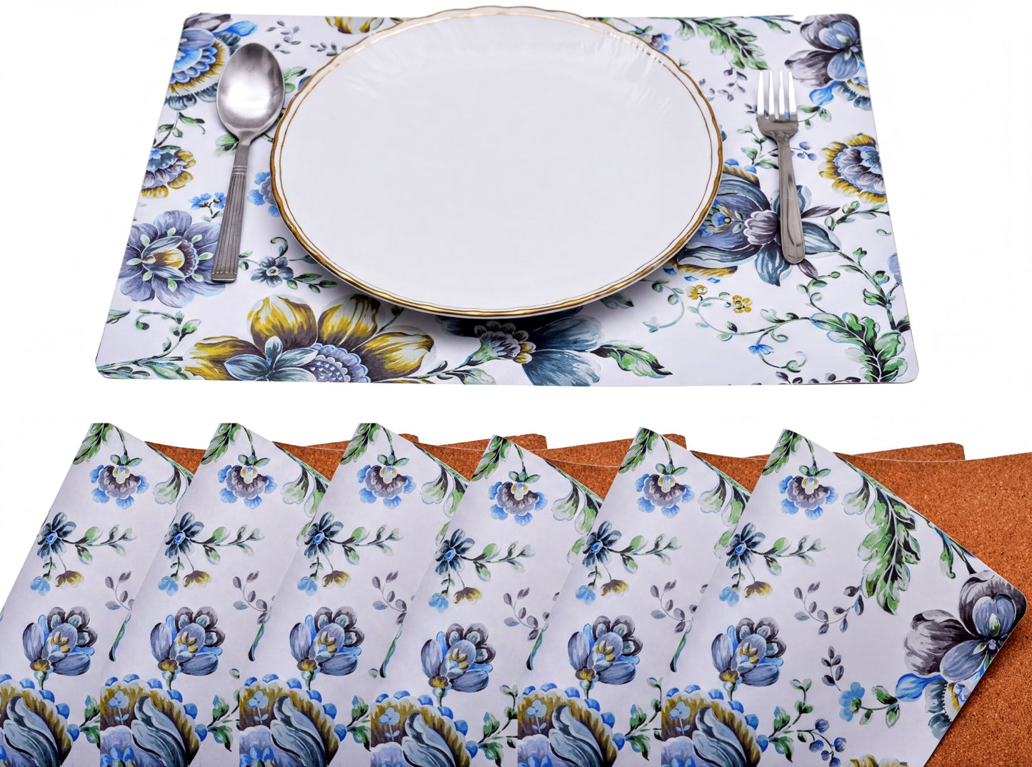 Floral Cork Placemats - Cork Backed, Heat Resistant 12 x 17 Inch Mats for Indoor Outdoor