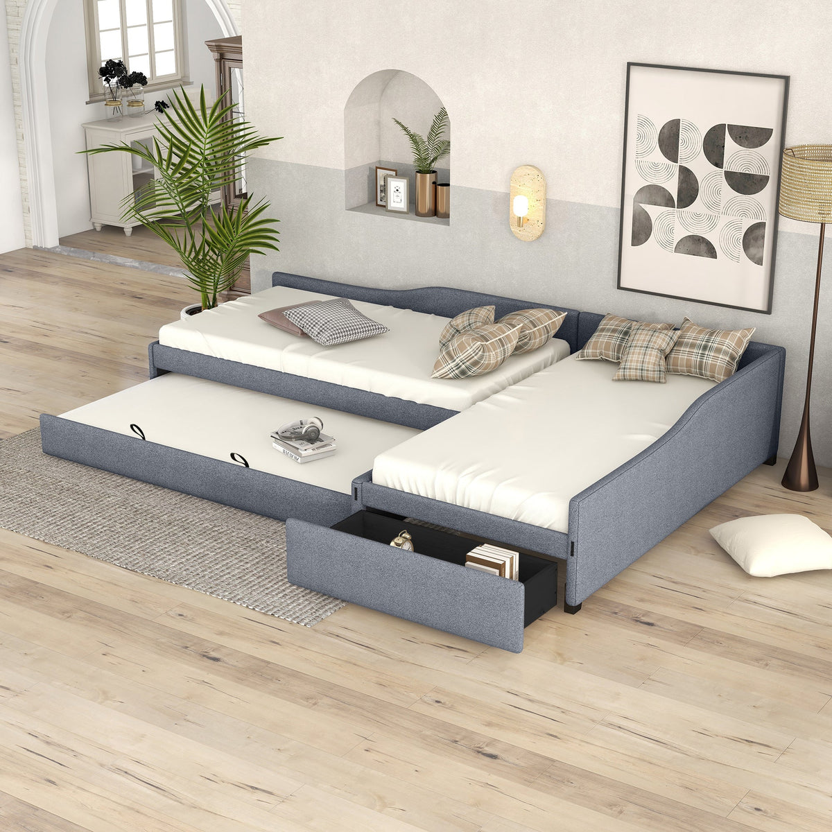 Upholstered Double Twin Size Daybed with Trundle and Drawer