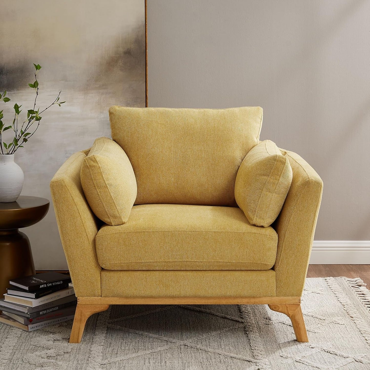 Large Yellow Linen Upholstered Accent Chair Cushions