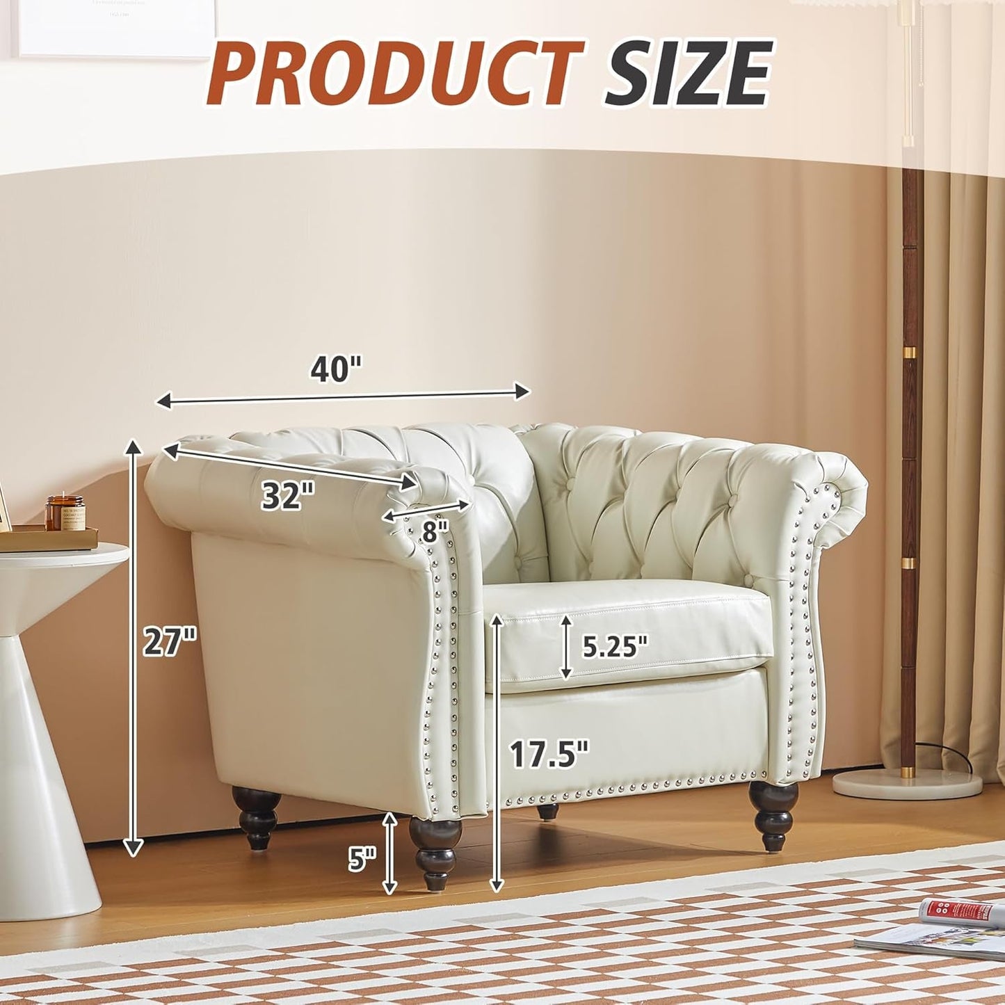 3 Piece Living Room Set Chesterfield Faux Leather Sofa Loveseat Chair White With Scroll Arms And Nailhead