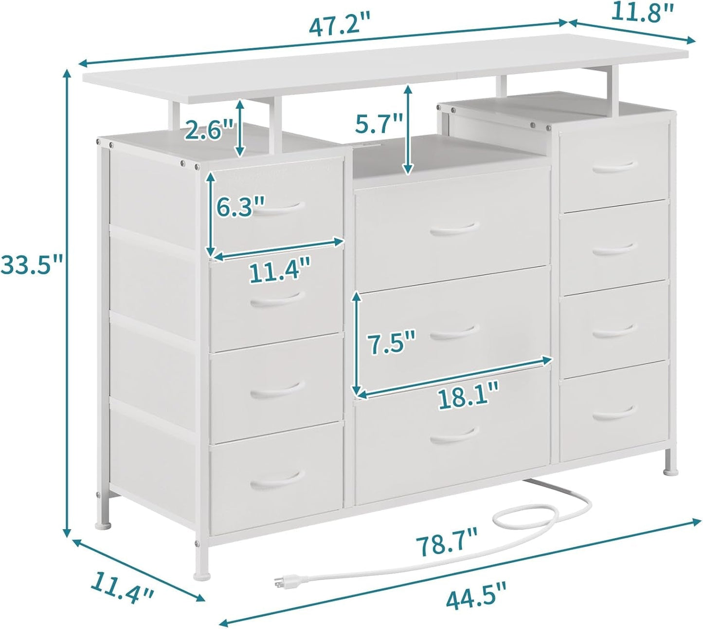 11 Drawer Dresser With Fabric Drawers And Charging Station For Bedroom Storage And Organization