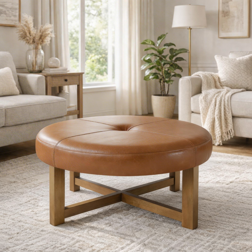 Round Leather Ottoman Coffee Table with Solid Wood Base