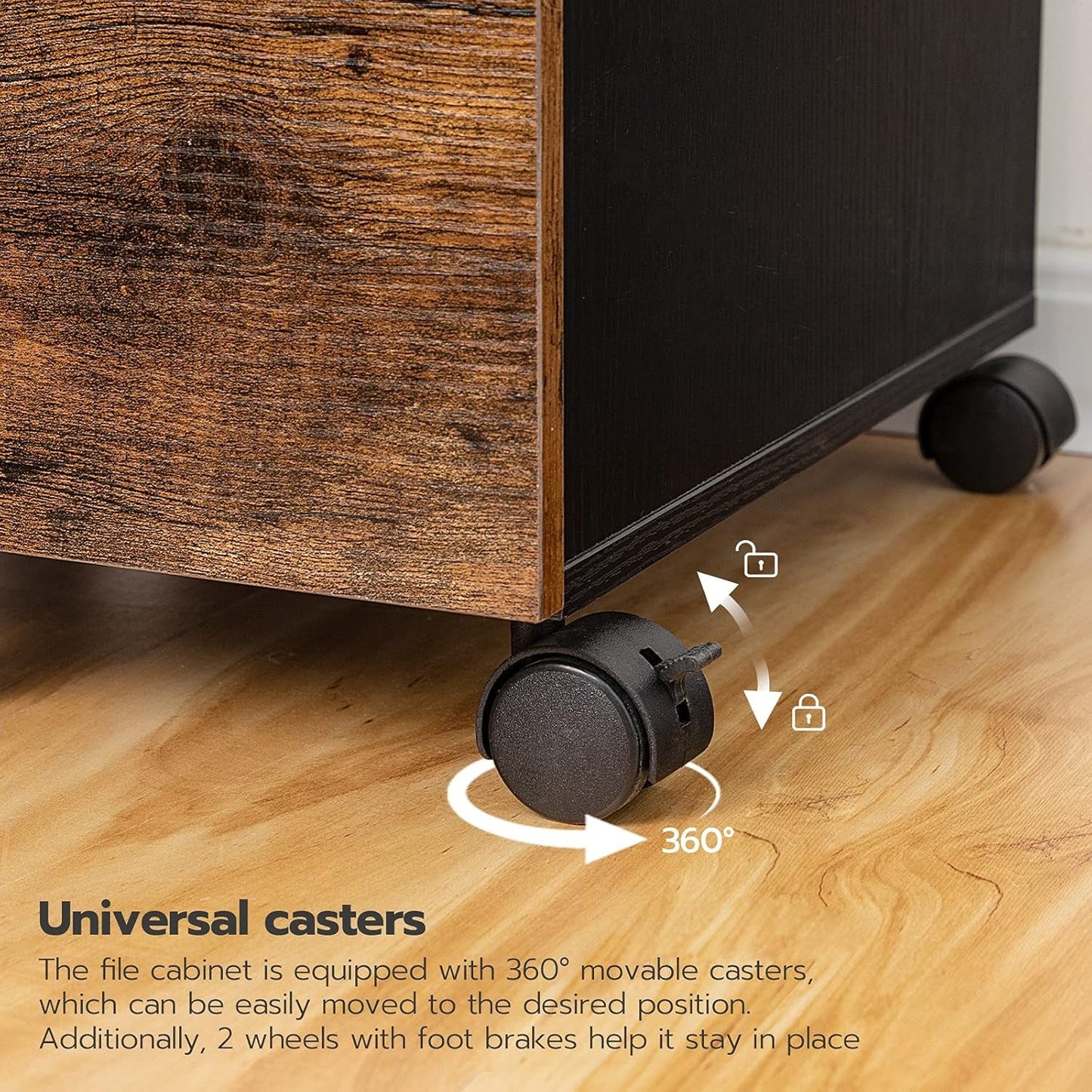 Wooden Three Drawer File Cabinet Under Desk Fits A4 Letter Size Rustic Brown Black Finish With Rolling Storage