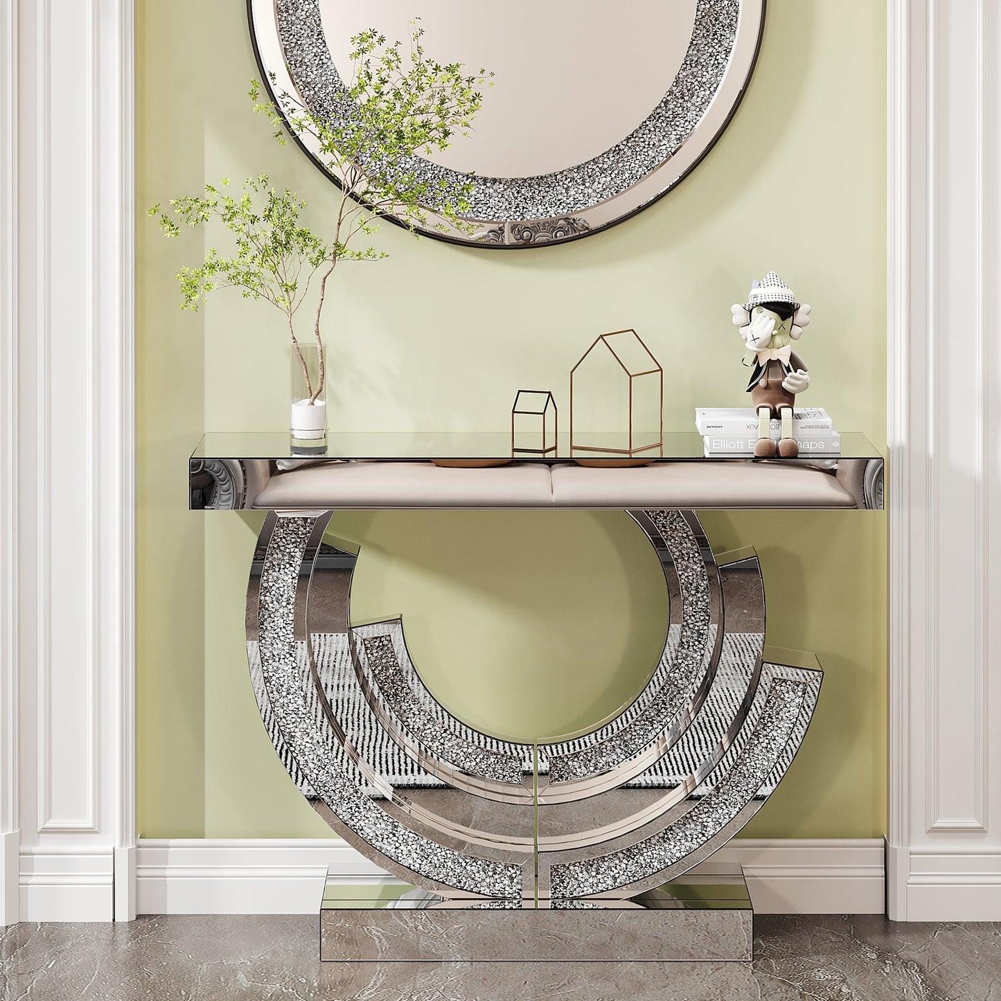 3C Shaped Crushed Diamond Hallway Table For Hotel Mirrored Centre Diamond Console Table For Living Room