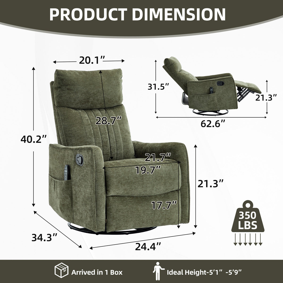 Green Heat Massage Manual Recliner Chair with Rocker and Swivel in Fabric for Living Room