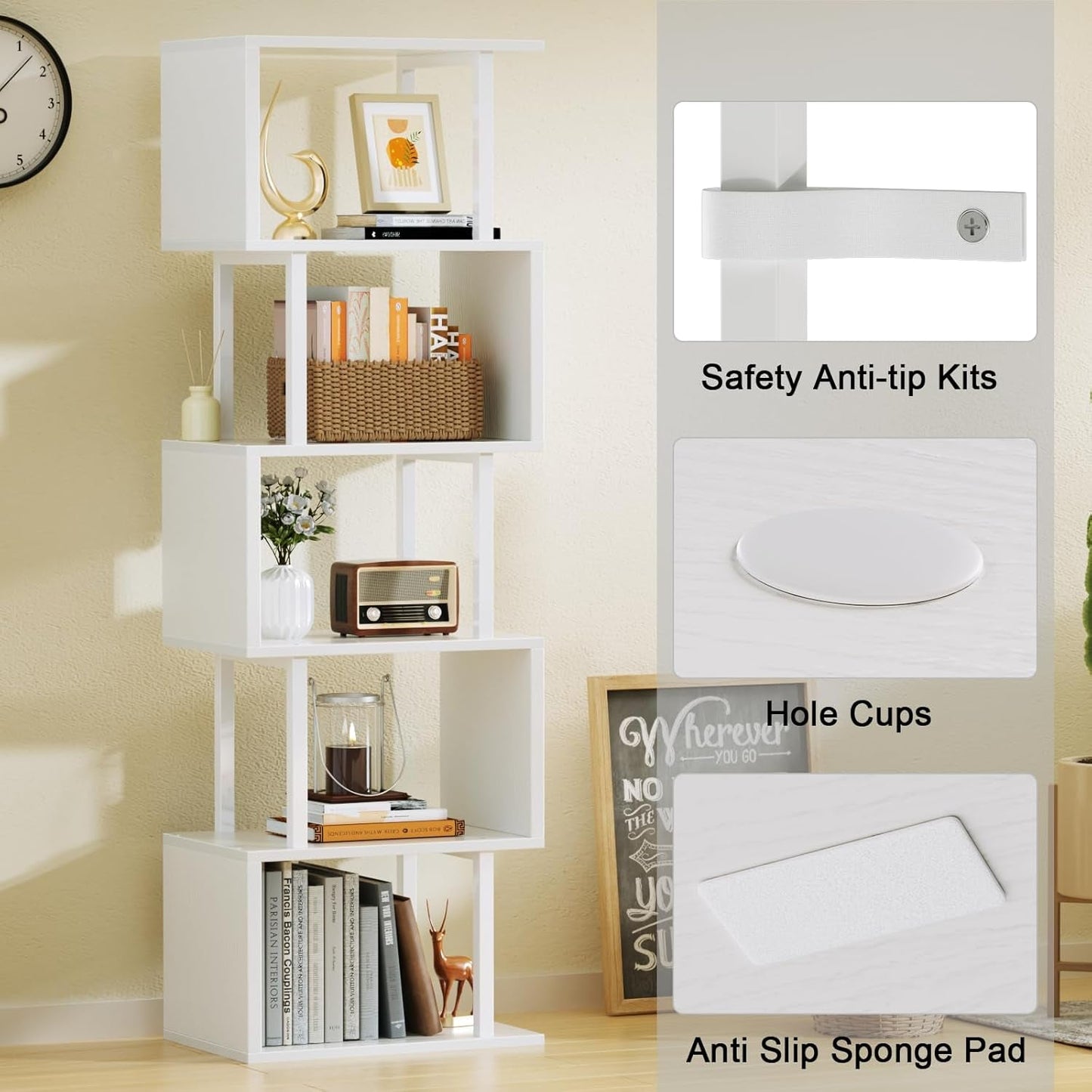 White Geometric S Shaped 6 Tier Bookshelf Freestanding Modern Bookcase