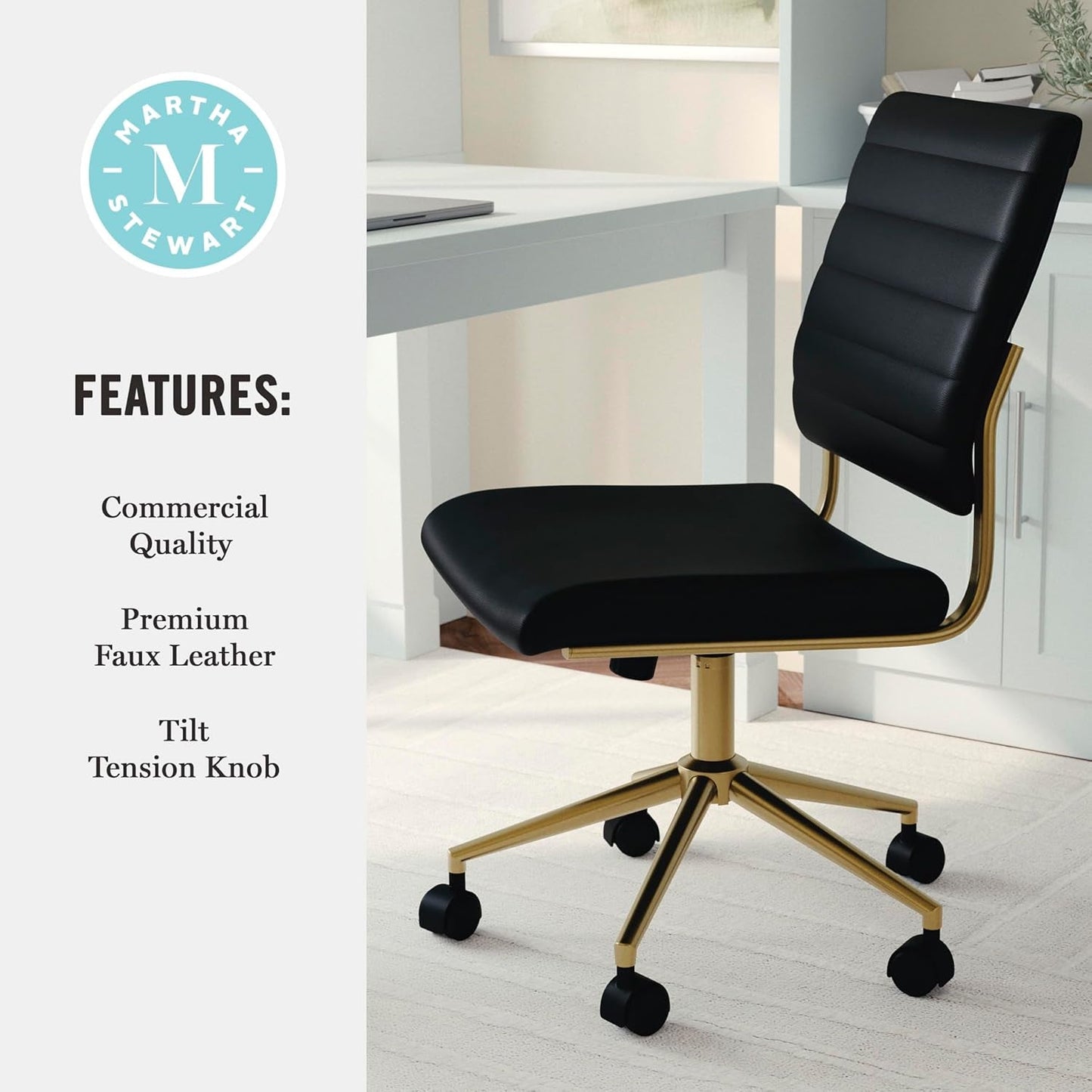 Armless Swivel Task Chair Black Faux Leather Brass Frame
