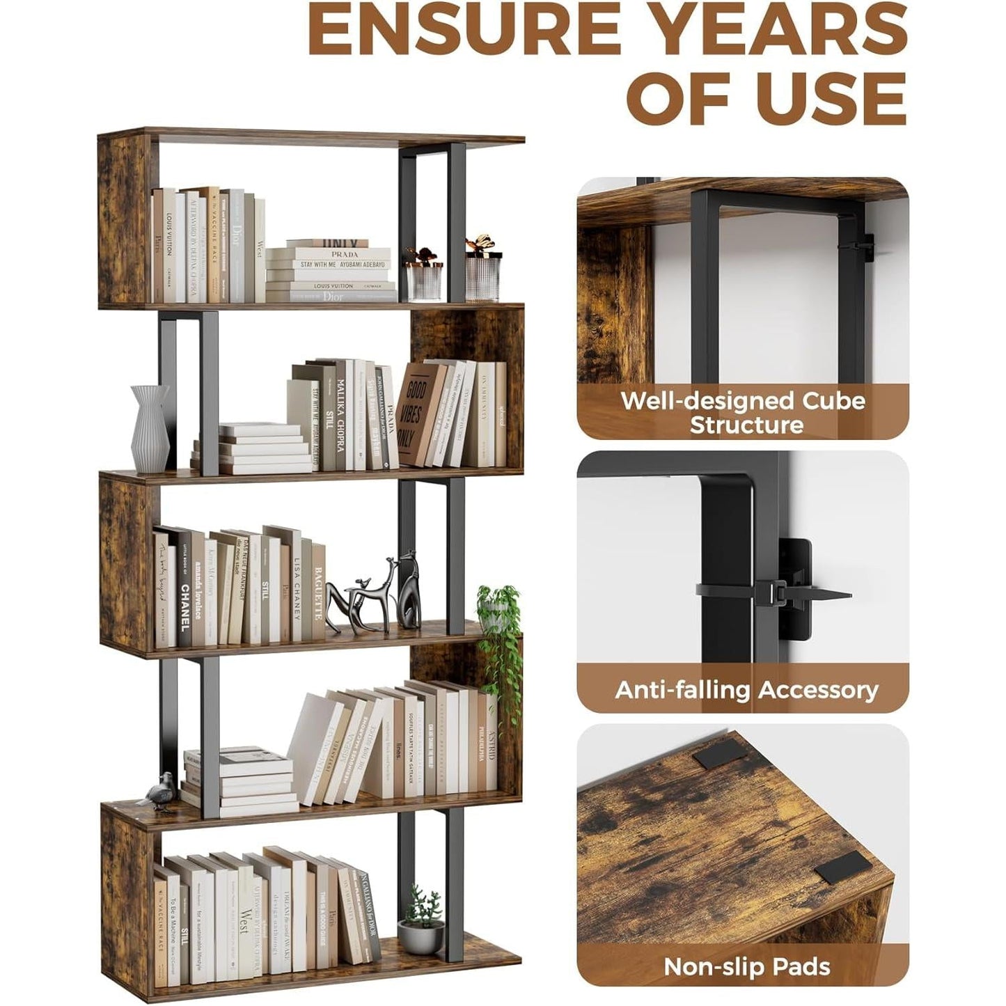 5-Tier S Shaped Bookcase In Rustic Brown Wood Shelving