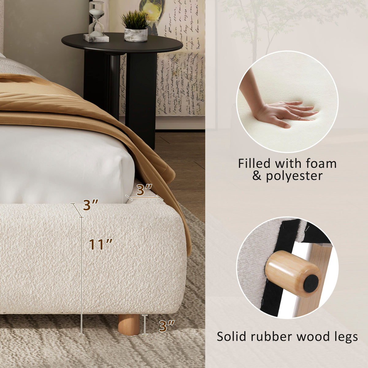 California King Size Upholstered Bed With Boucle Fabric