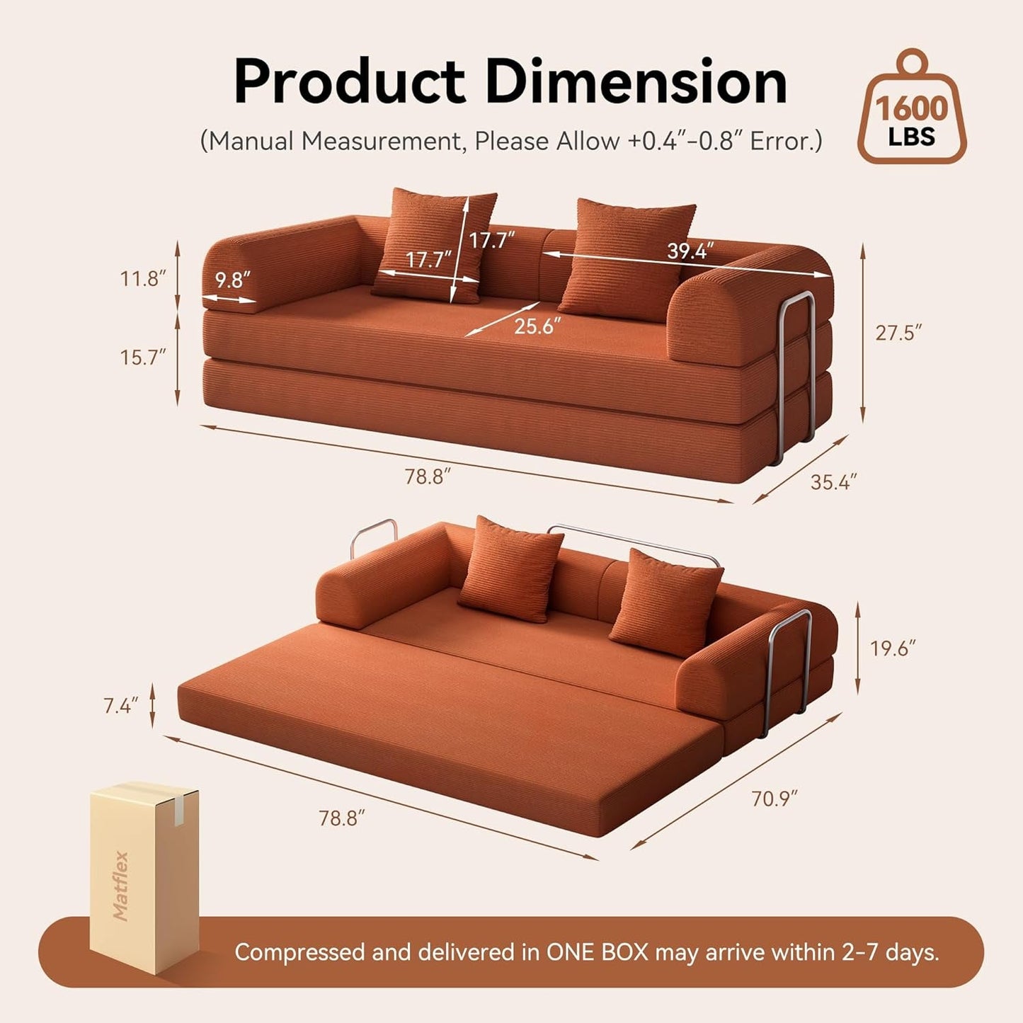 79 Inch Convertible Sofa Bed Orange Corduroy Pillows