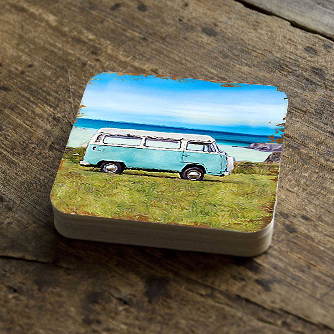 Van Coastal Wooden Cork Coasters Gift Set of 4 by Nature Wonders - Coastal Sea-Life Decor - 95269C-S4