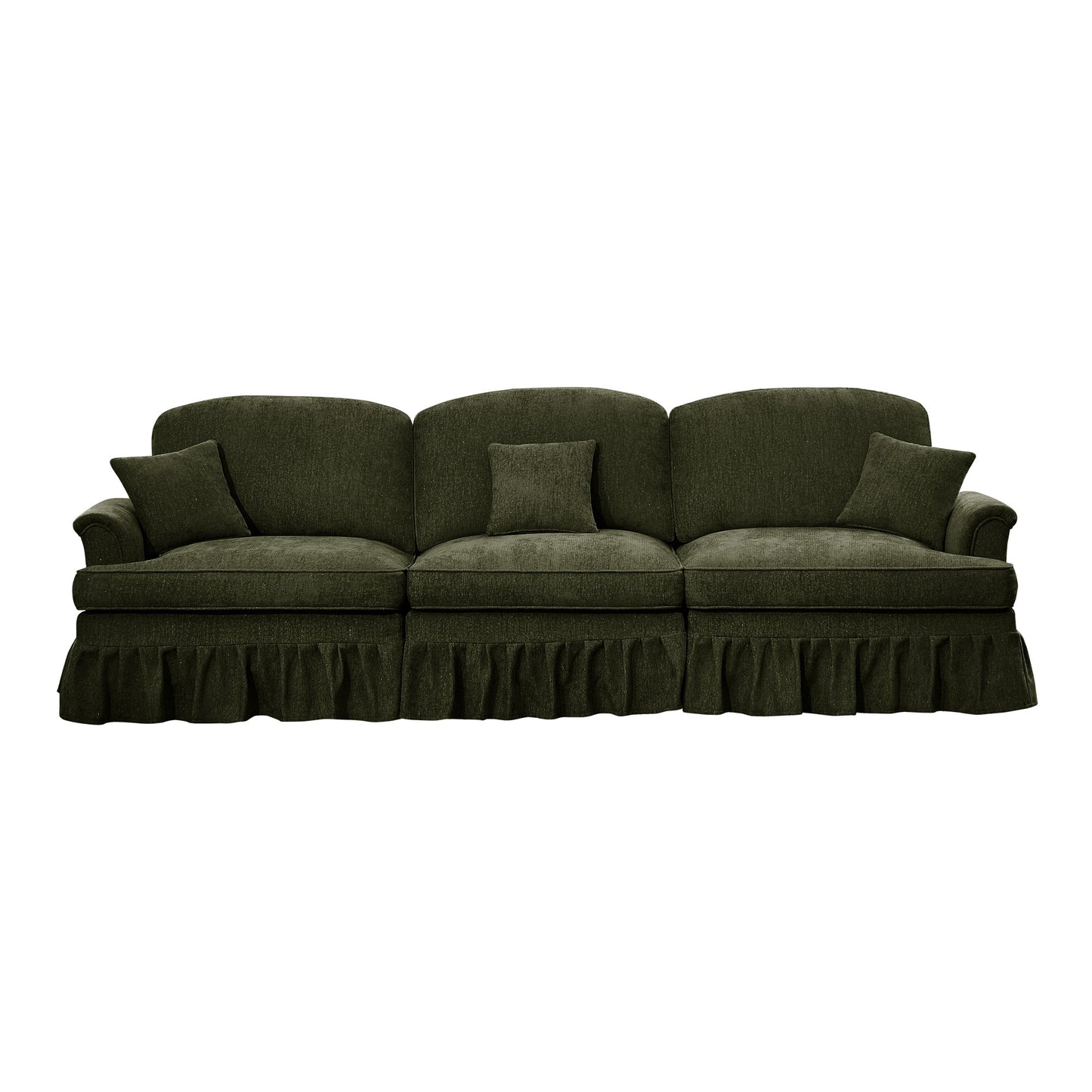 Elegant Mid Century Large 3 Seater Sofa Couch with Flared Arms and Removable Ruffles Pleats Skirts and Spindle Legs, Comfy Chenille Three-Seat Sofa for Living Room, Green