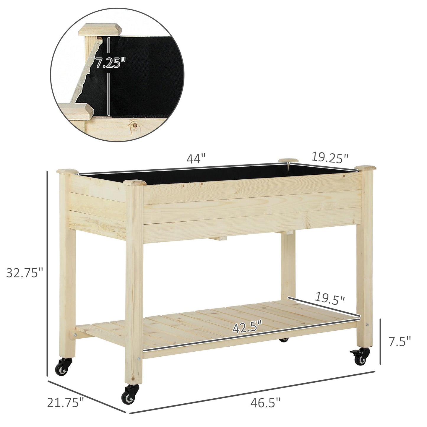 Outsunny Raised Garden Bed with Lockable Wheels and Storage Shelf, Natural Wood, 47 x 22 x 33 Inches