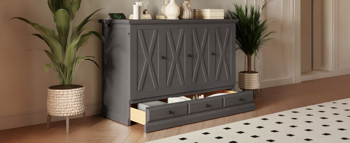 Farmhouse Style Solid Pine Wood Murphy Bed Chest Cube Cabinet Bed