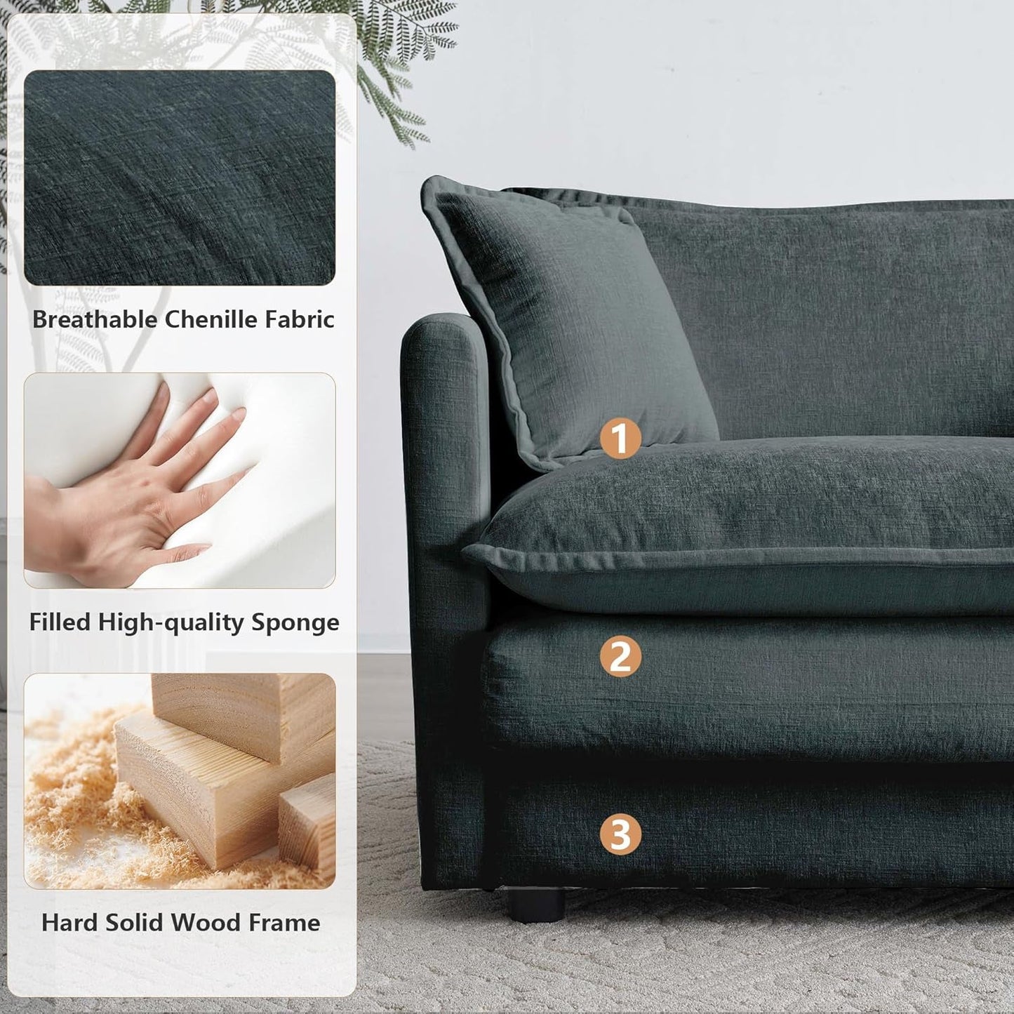 Grey Chenille 3 Piece Sofa Set With Two Single Sofas And One 3 Seater