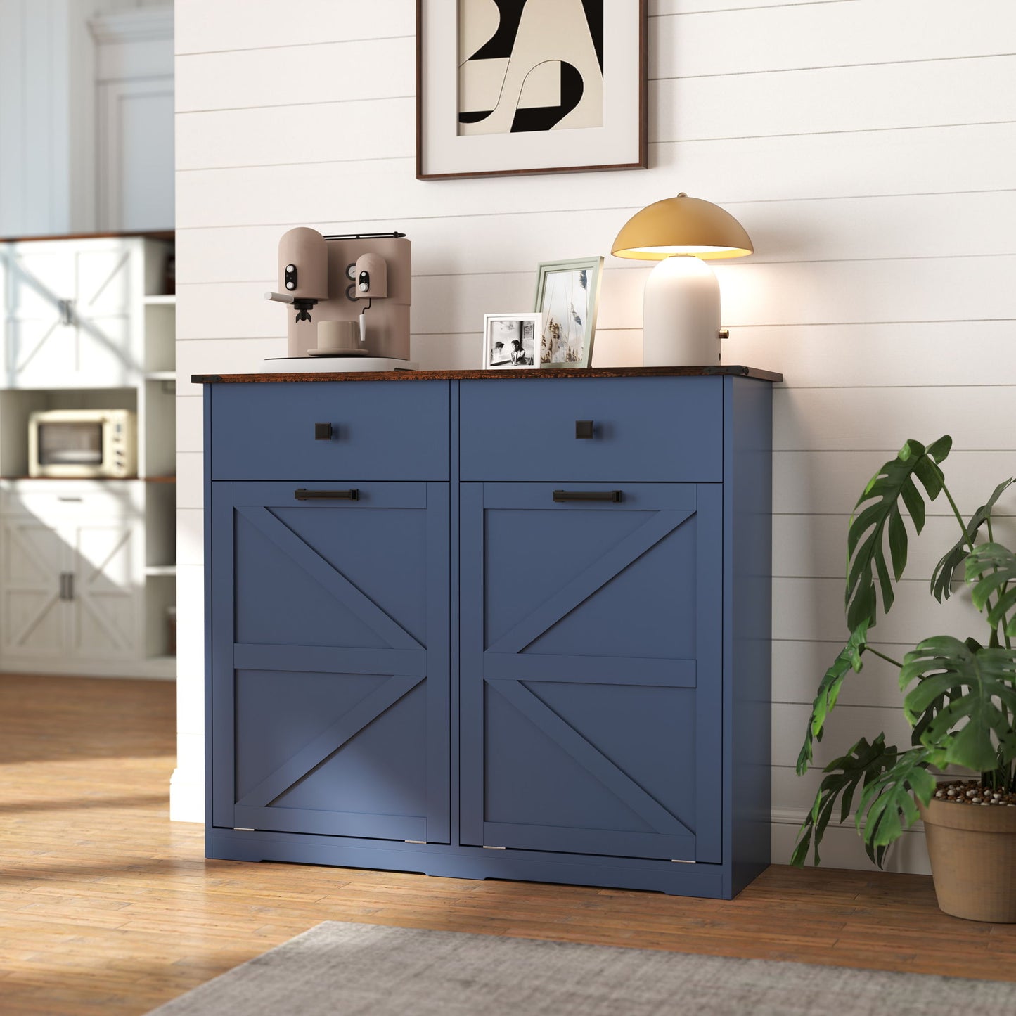 Double Tilt-Out Trash Cabinet With Hideaway Drawer and Barn Door Style