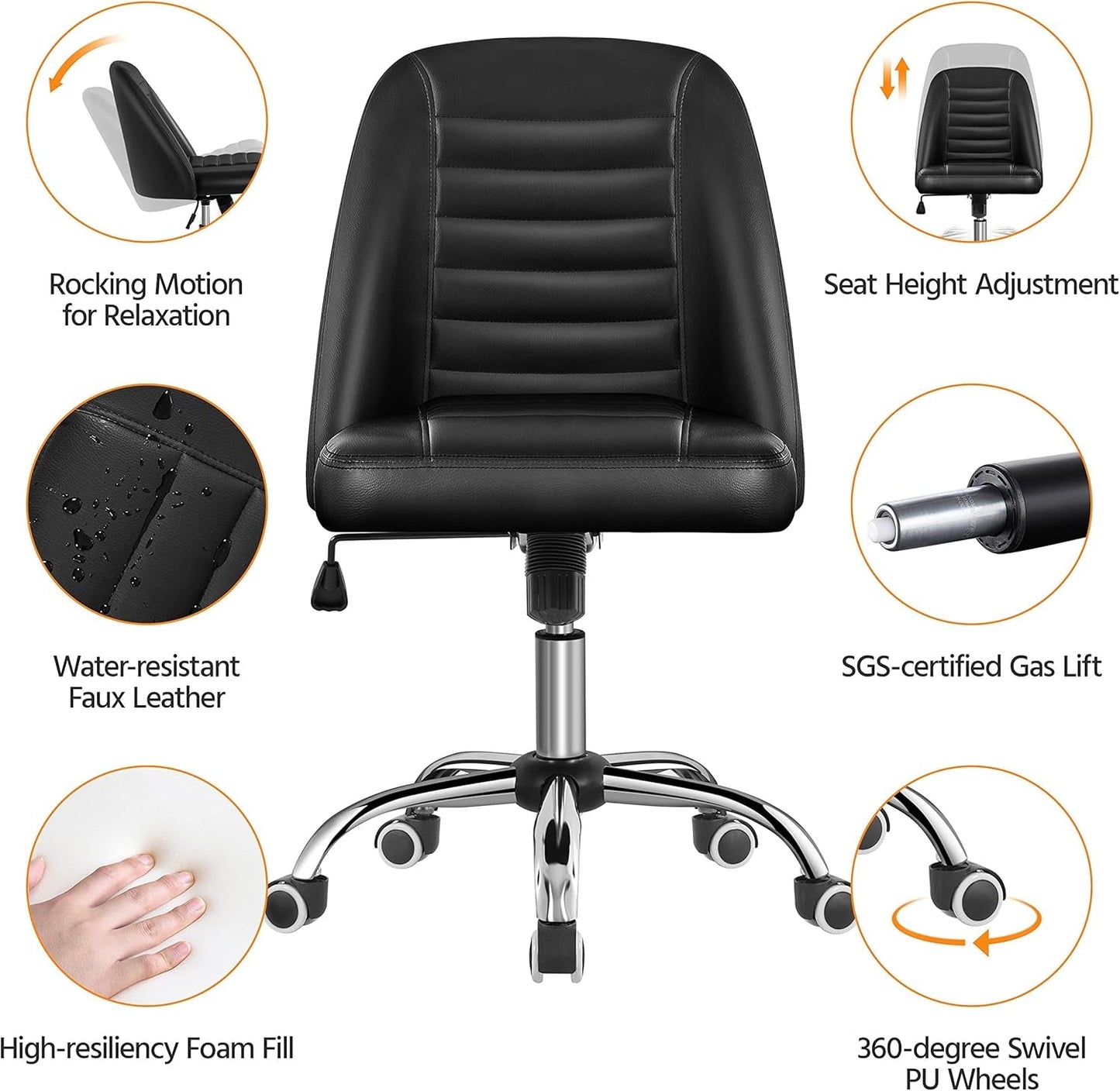 Armless PU Leather Office Chair Adjustable Height Black