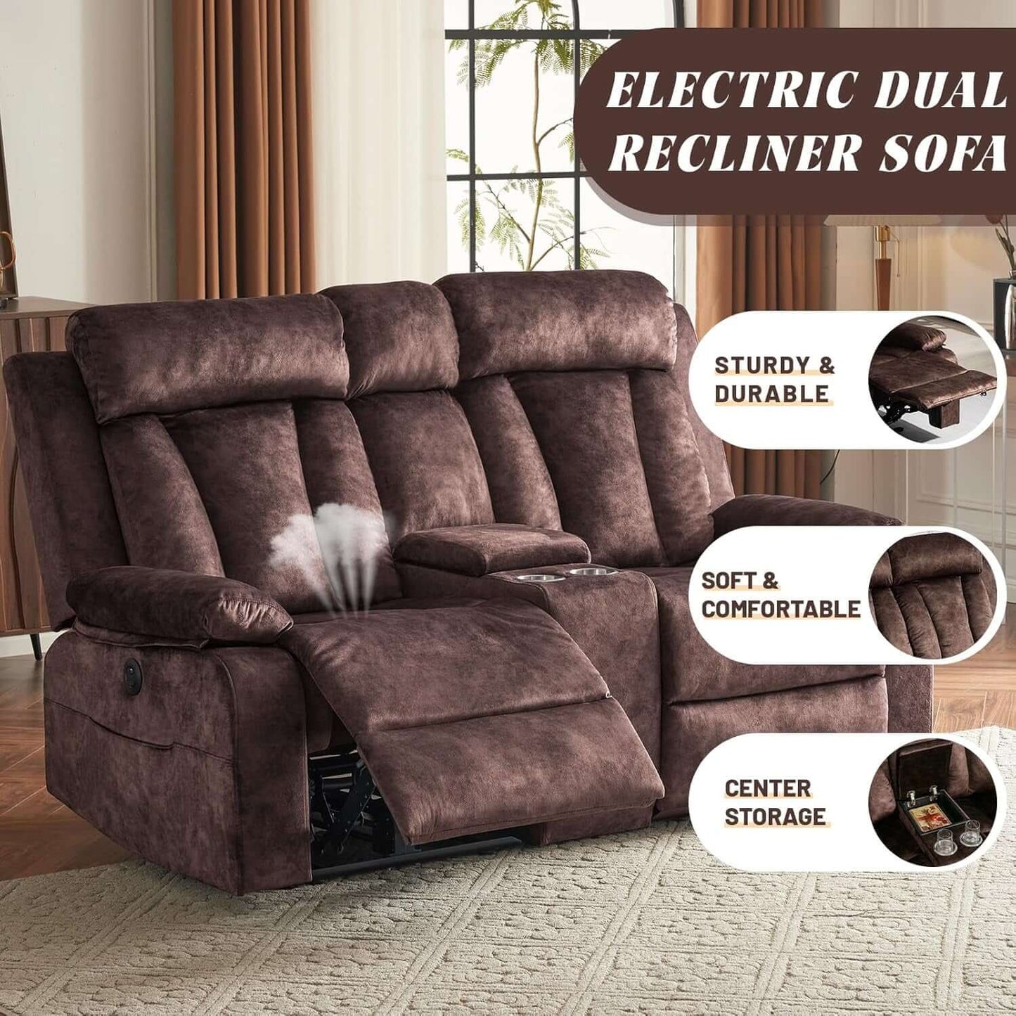 Power Reclining Sofa Set 3 Seat With Massage USB Ports featuring electric dual recliner and center storage in rich brown.