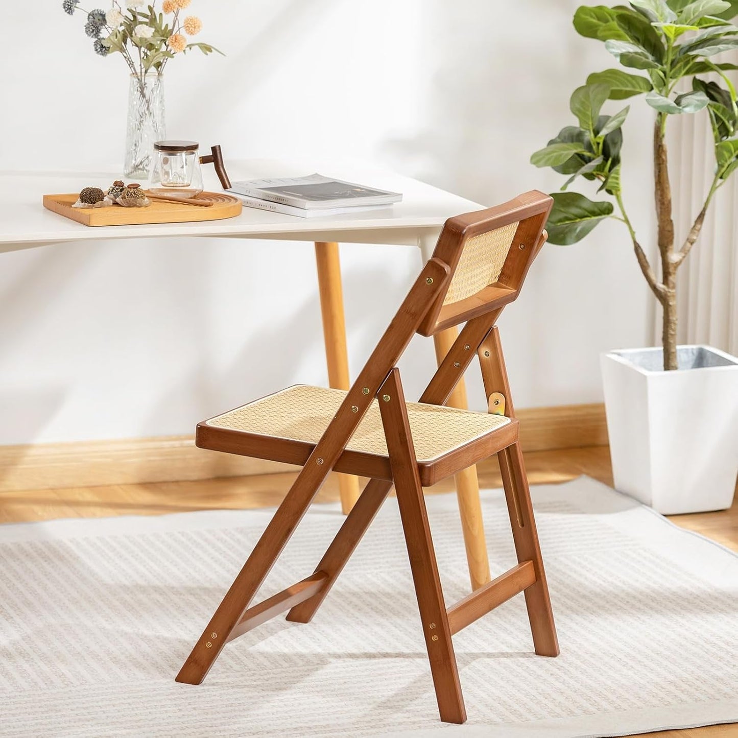 Rattan Folding Chair Walnut Finish Indoor Outdoor Dining