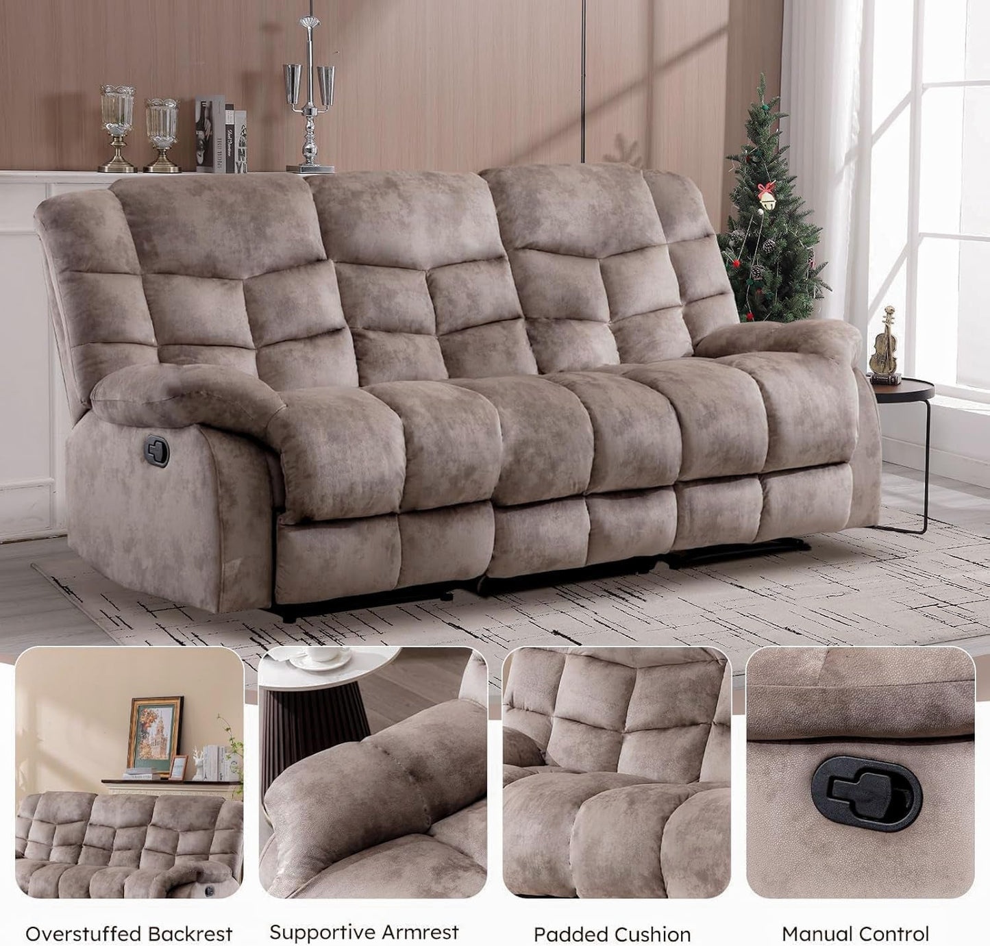 Manual Recliner Sofa Set Memory Foam Cushions Brown