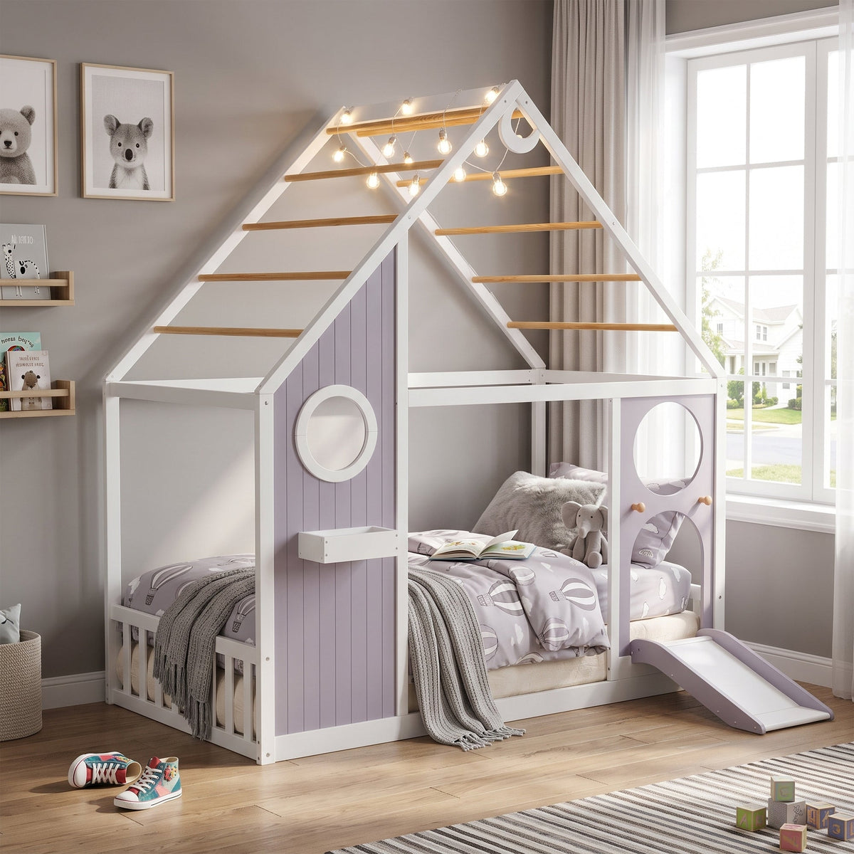 Twin House Bed with Slide, Ball Light Strip, Gray