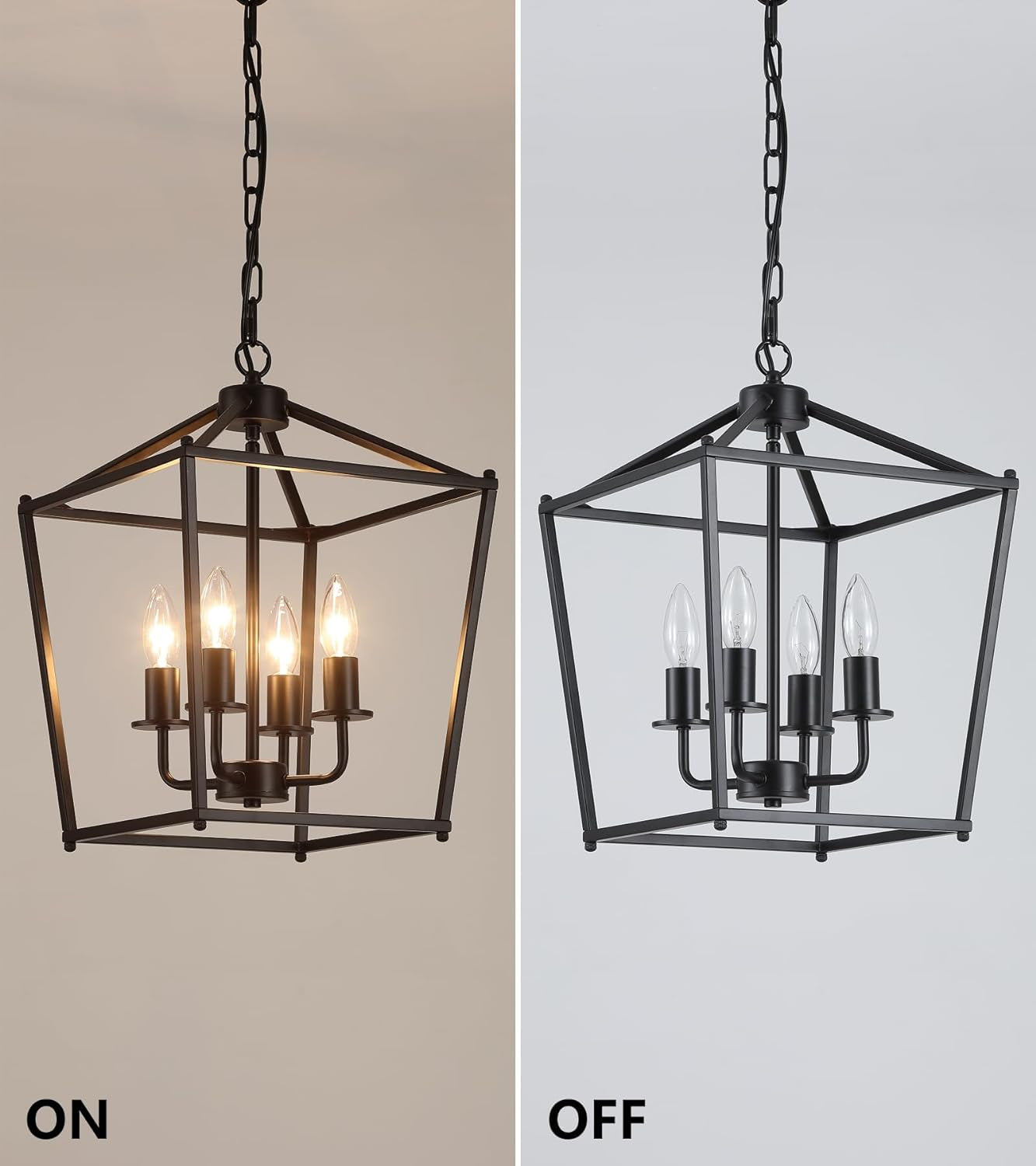 UL Black Industrial Lantern Chandelier 4 Light Pendant displayed with lights on and off to showcase design.