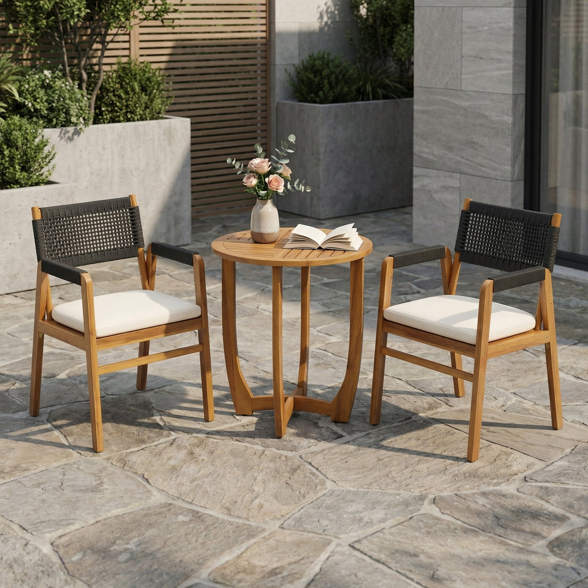 Outdoor 3-Piece Acacia Wood Dining Set with Cushion