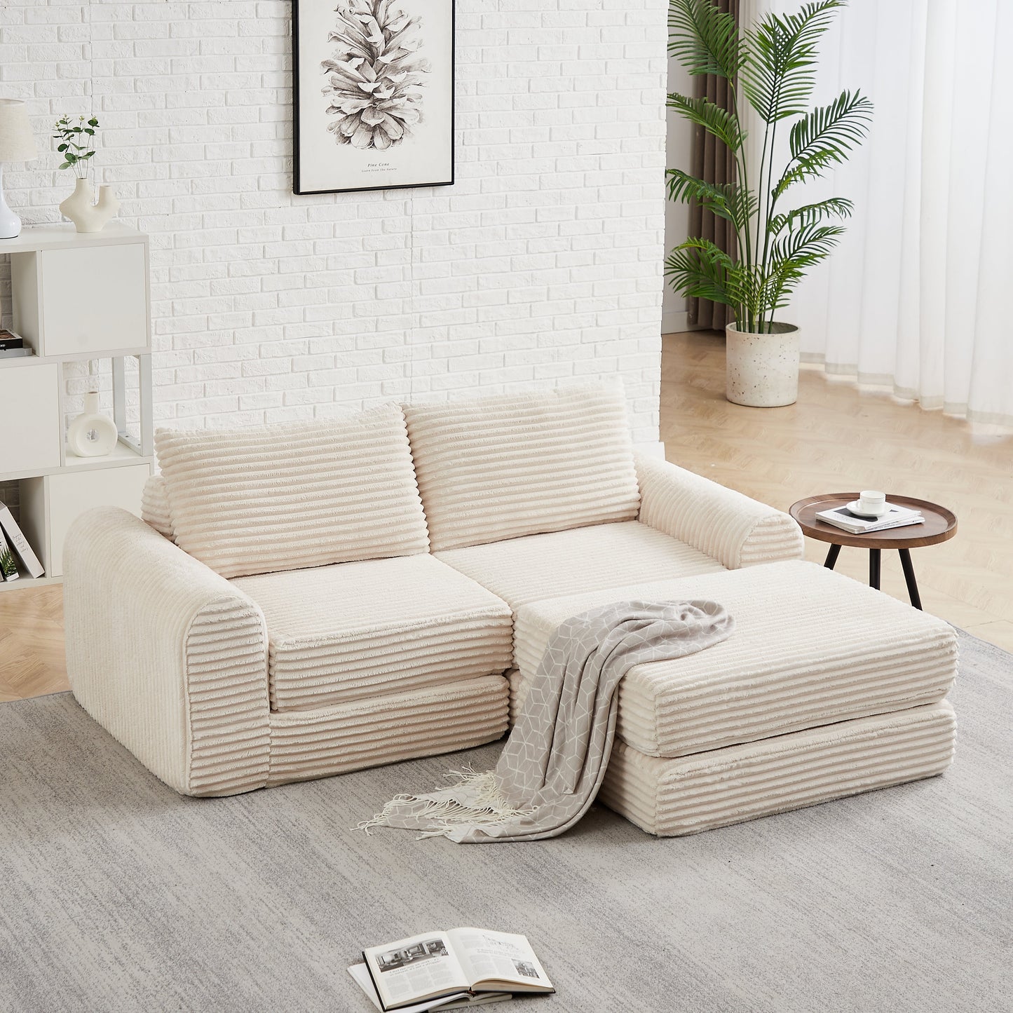 Minimalist Corduroy Sofa Featuring Curved Lines and a Gently Sloped Backrest - 2-in-1 Sofa & Bed