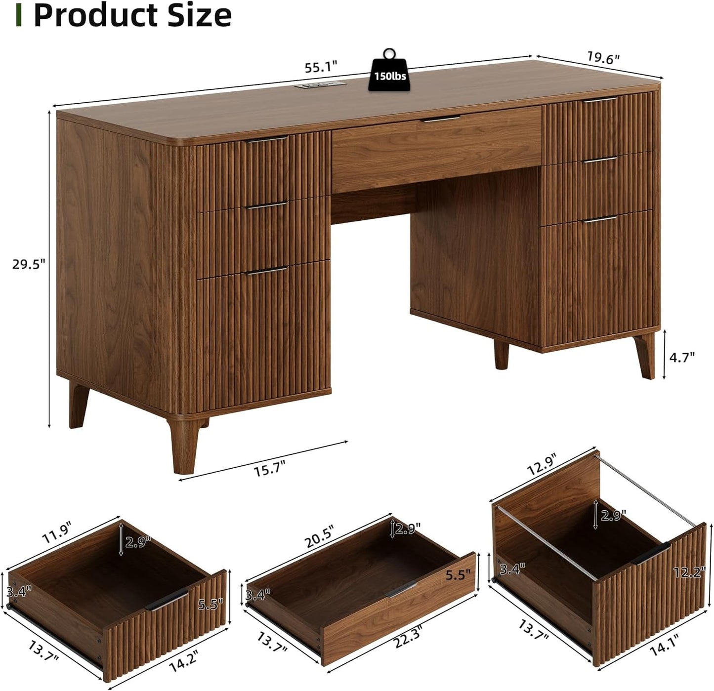 55 Inch Walnut Finish Executive Desk With Charging Port Unit