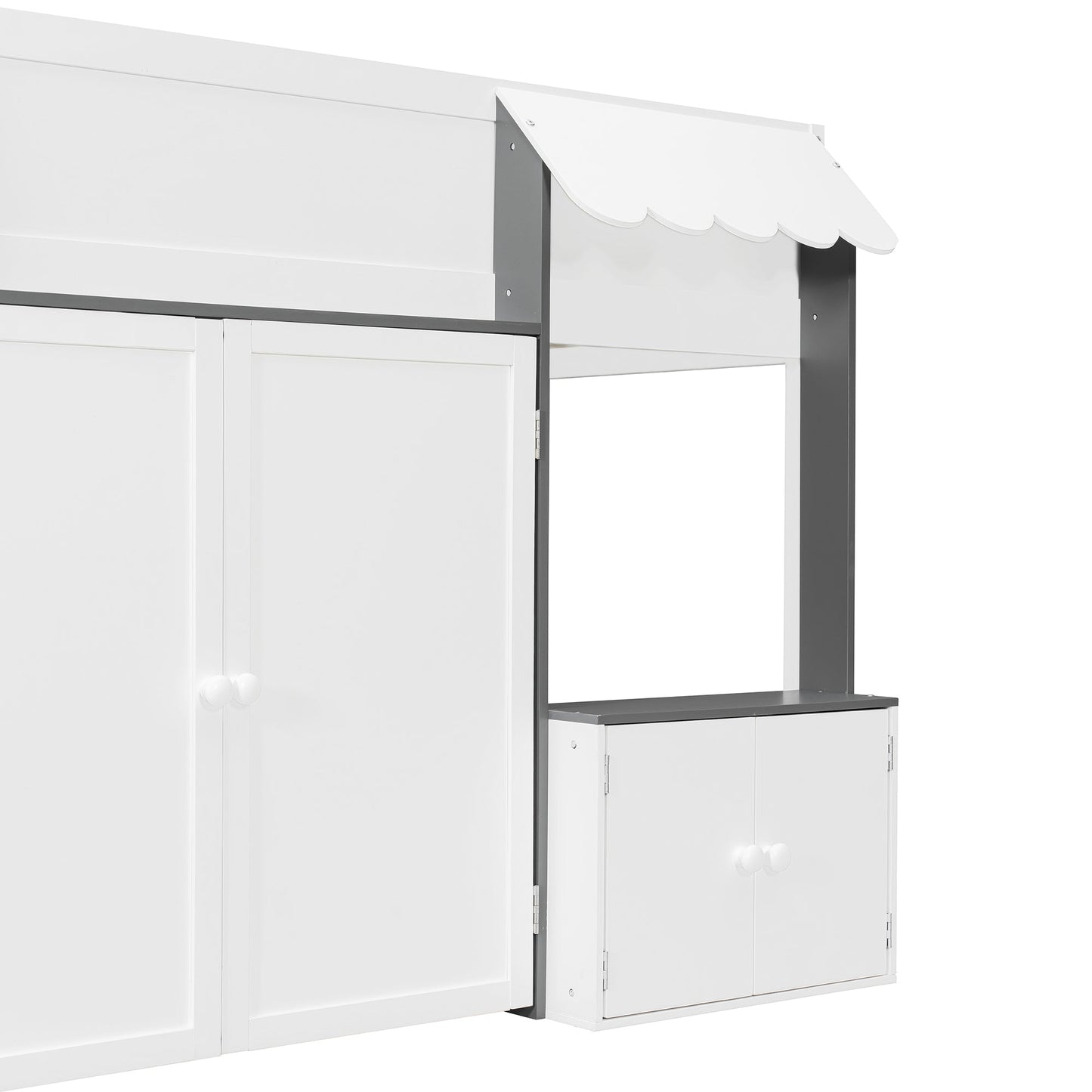 Full Loft House Bed with Playhouse & Storage, Modern Wood Cabin Bed for Kids/Teens, White+Gray
