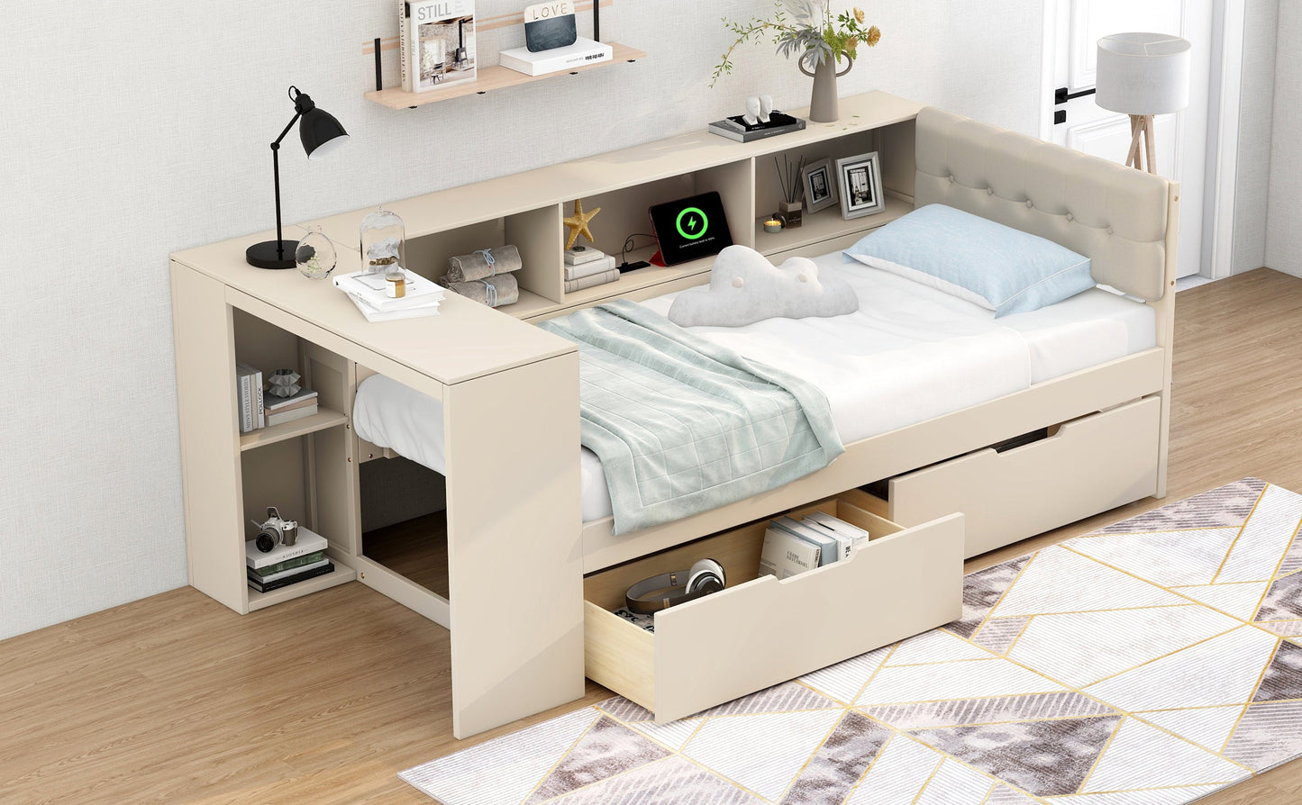 Wood Twin Size Platform Bed with Storage Shelves, Drawers, Charging Station and Upholstered Headboard
