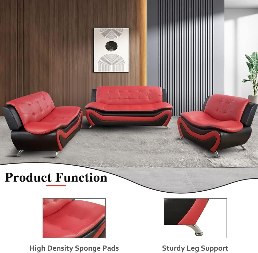 Living Room Sofa Set 3-Piece Faux Leather Black Red