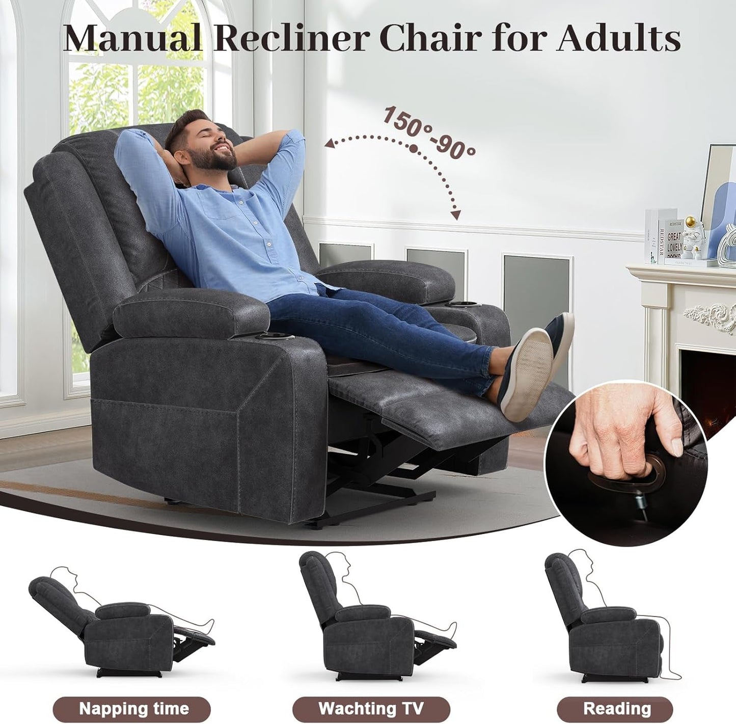 Grey Leather Reclining Loveseat Sofa Set With Console And Two Chairs