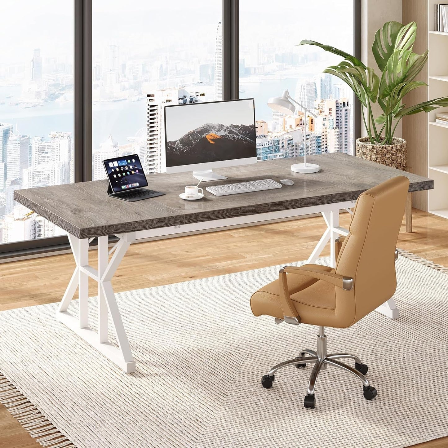 70.8 Inch Modern Executive Desk Grey White Home Office
