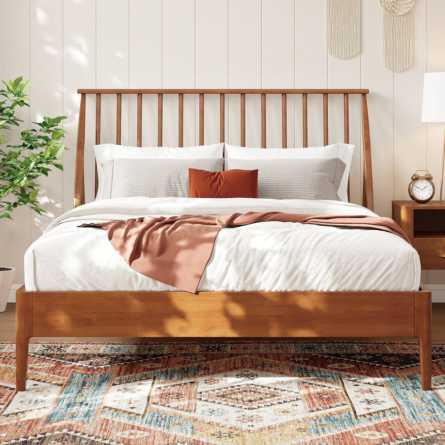 Solid Bamboo Wood Spindle Platform Queen Bed