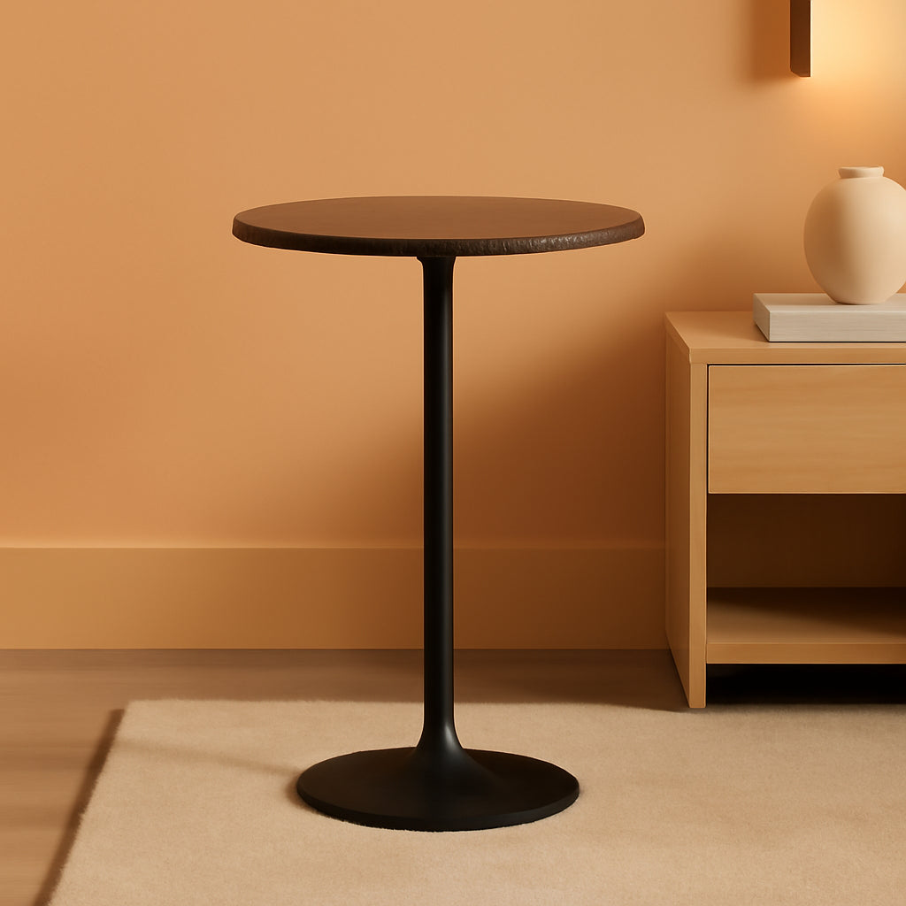 Round Pub Table With Faux Marble Top And Black Metal Base in modern room setting.