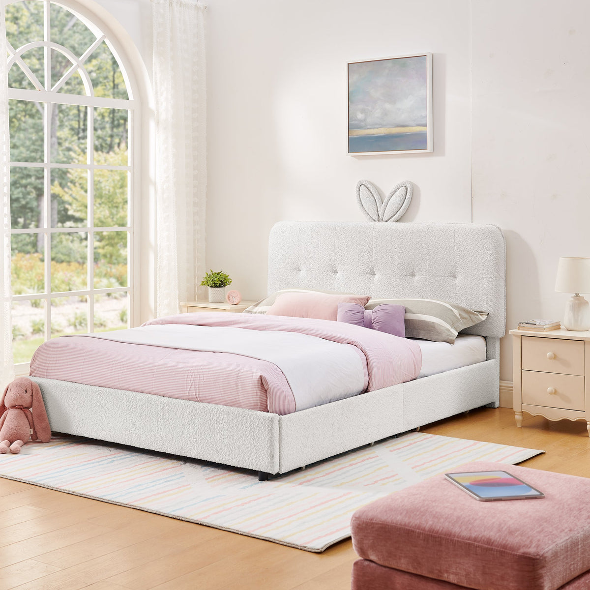 Queen Size Kids Upholstered Bed with Rabbit Ear Headboard
