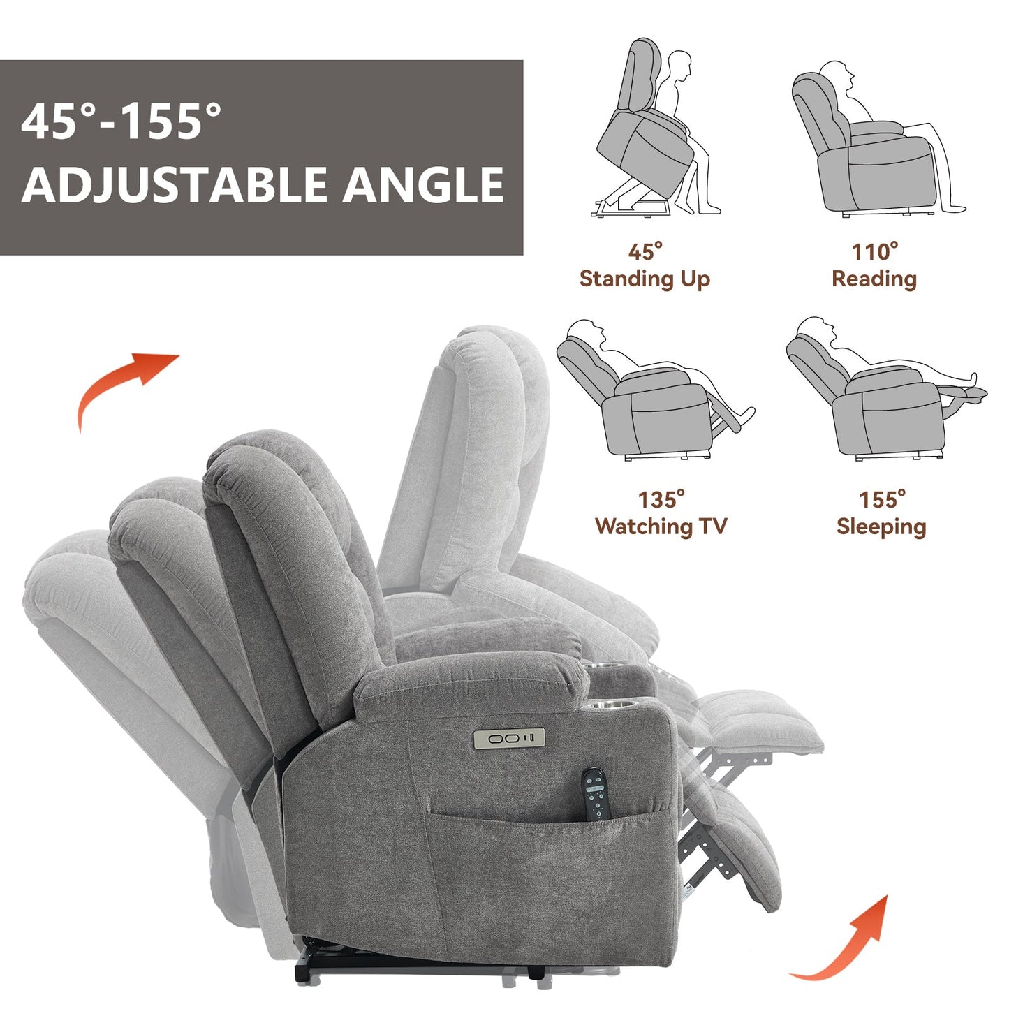 Power Lift Recliner Chair with Massage and Heat for Elderly, Overstuffed Wide Recliners, Heavy Duty Motion Mechanism with USB and Type C Ports, 2 Steel Cup Holders, Light Grey