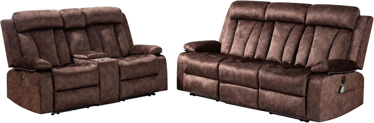 Power Reclining Sofa Set 3 Seat With Massage USB Ports in rich brown faux leather and baby velvet.