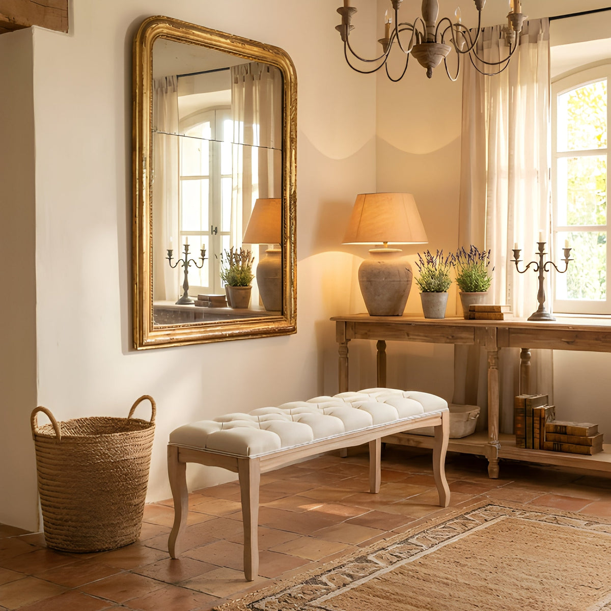 French Vintage Tufted Entryway Bench