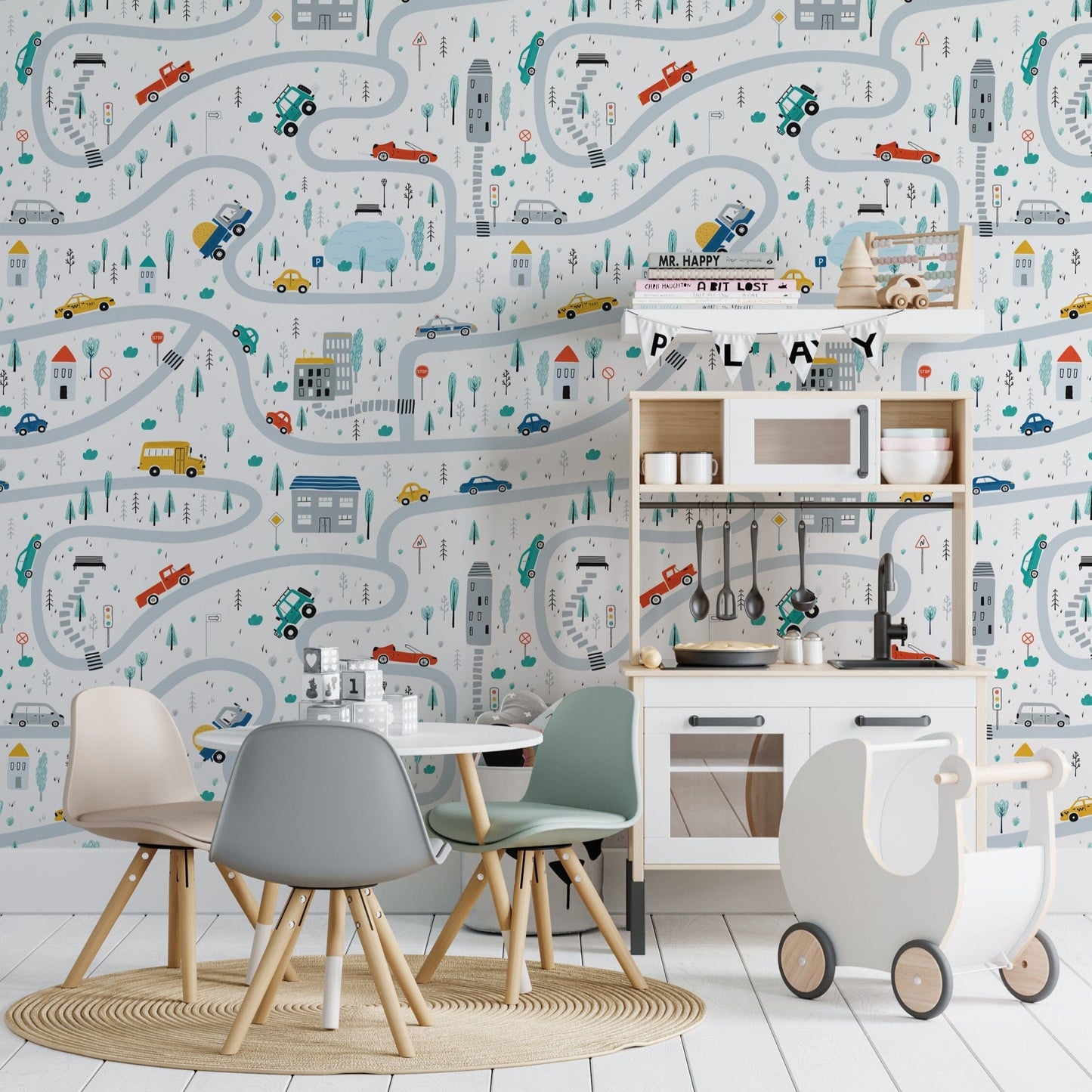 Playroom Wallpaper for Boy's Room | Cars, Roads, Houses