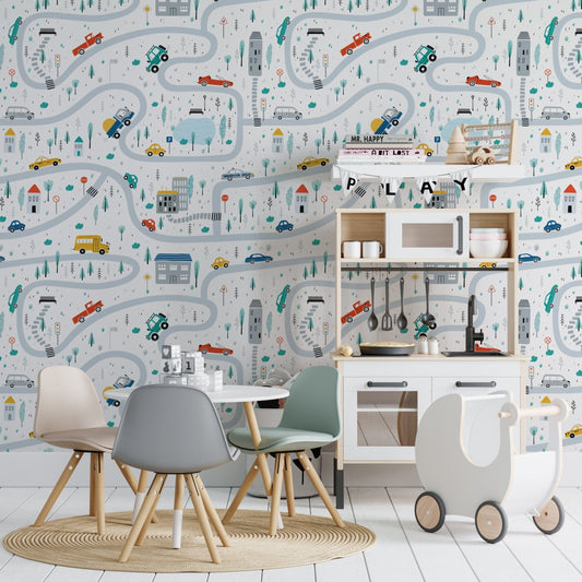Playroom Wallpaper for Boy's Room | Cars, Roads, Houses